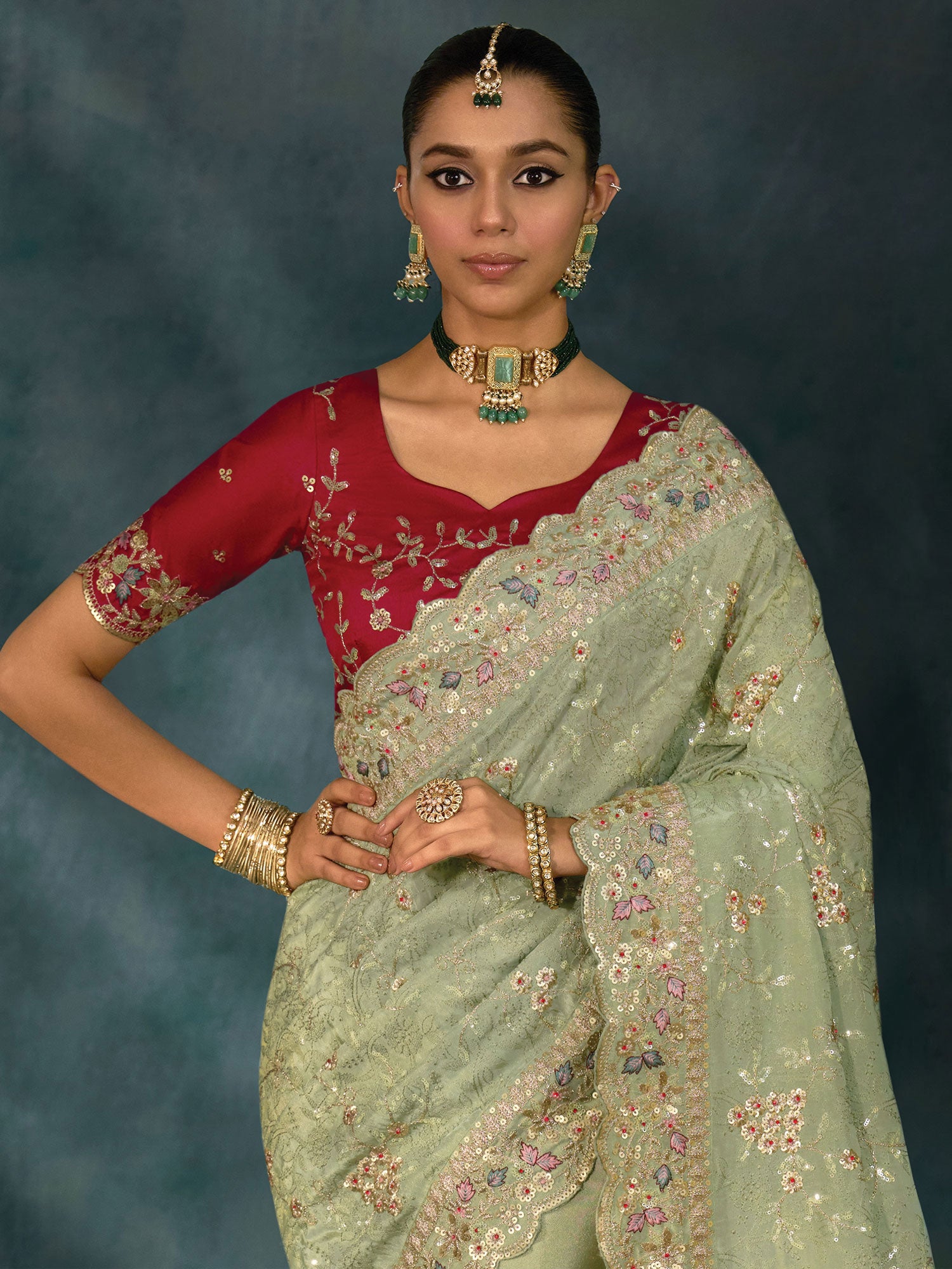Pista Green Heavy Floral Embellished Wedding Saree