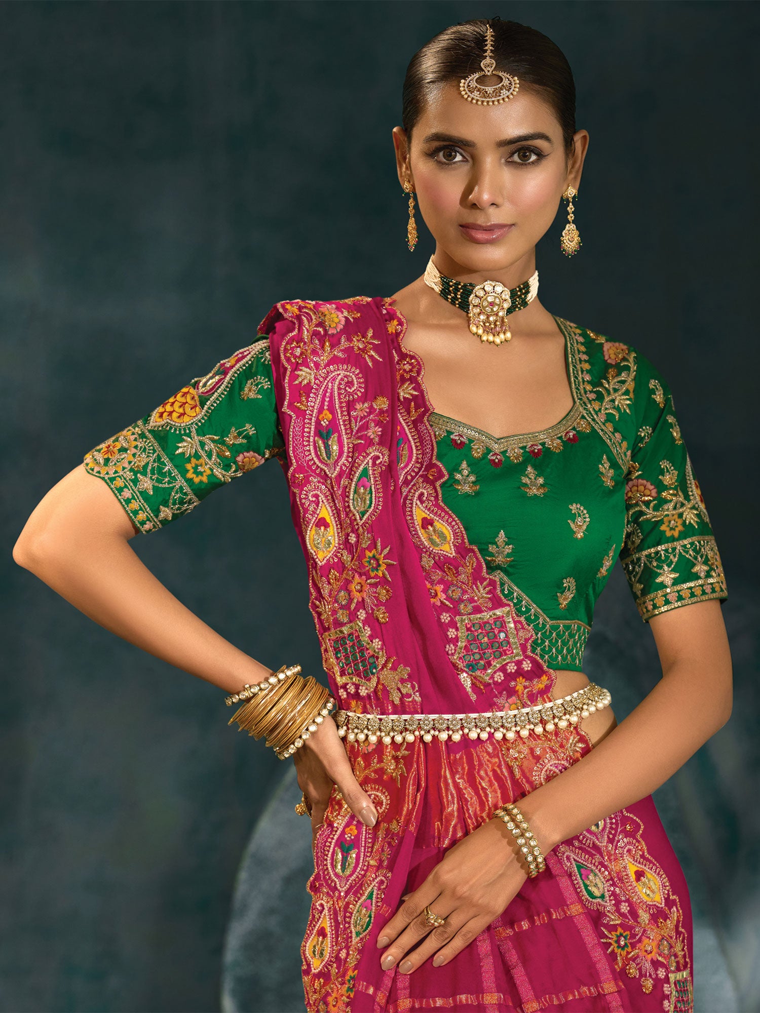 Pink Bridal Saree In Hand Work Embellishments