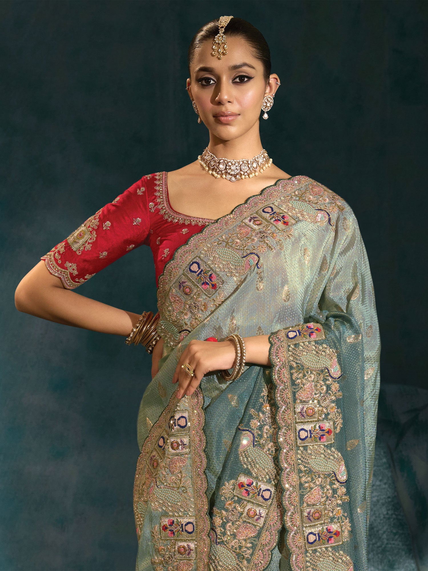 Blue Hand Work Embellished Traditional Saree In Crepe