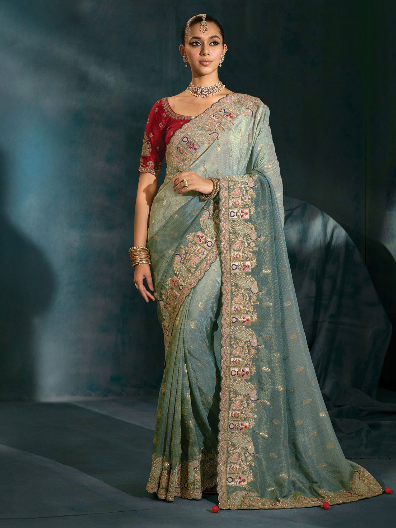 Blue Hand Work Embellished Traditional Saree In Crepe