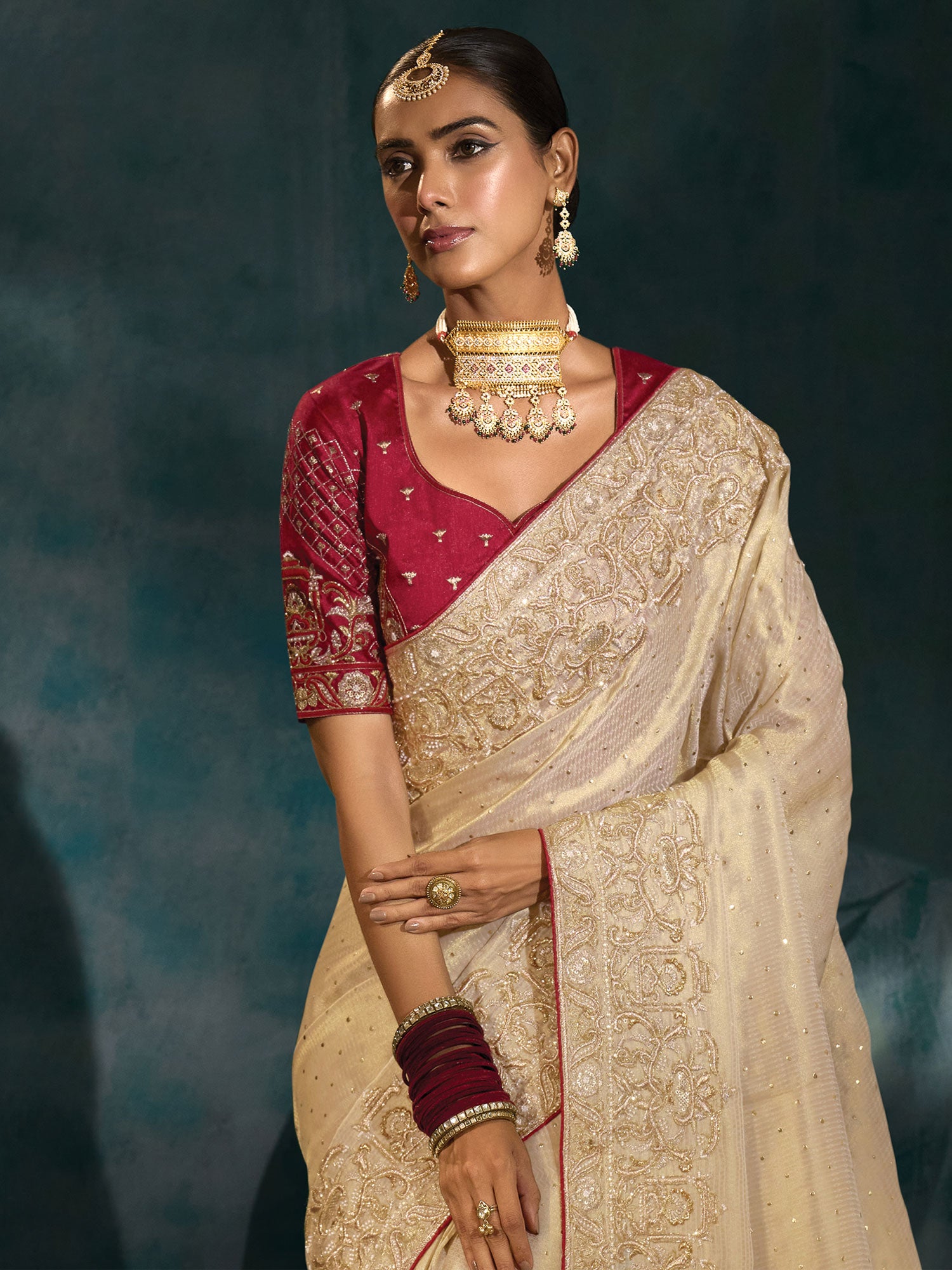 Beige Silk Saree With Zari Embroidered Borders