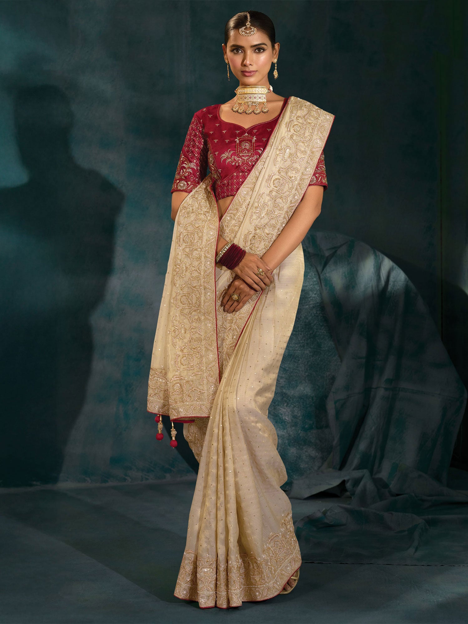Beige Silk Saree With Zari Embroidered Borders