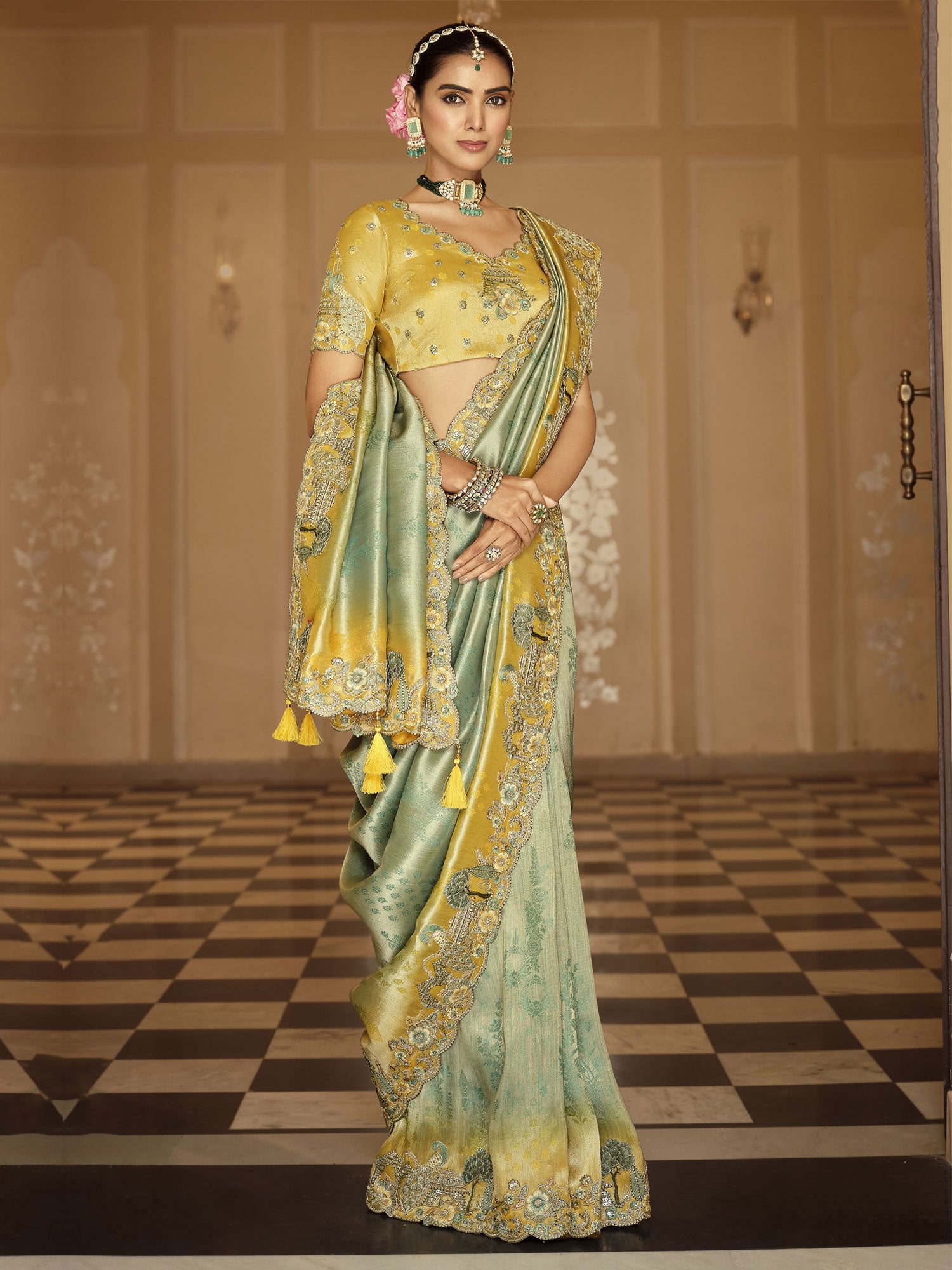 Turquoise And Yellow Shaded Traditional Saree