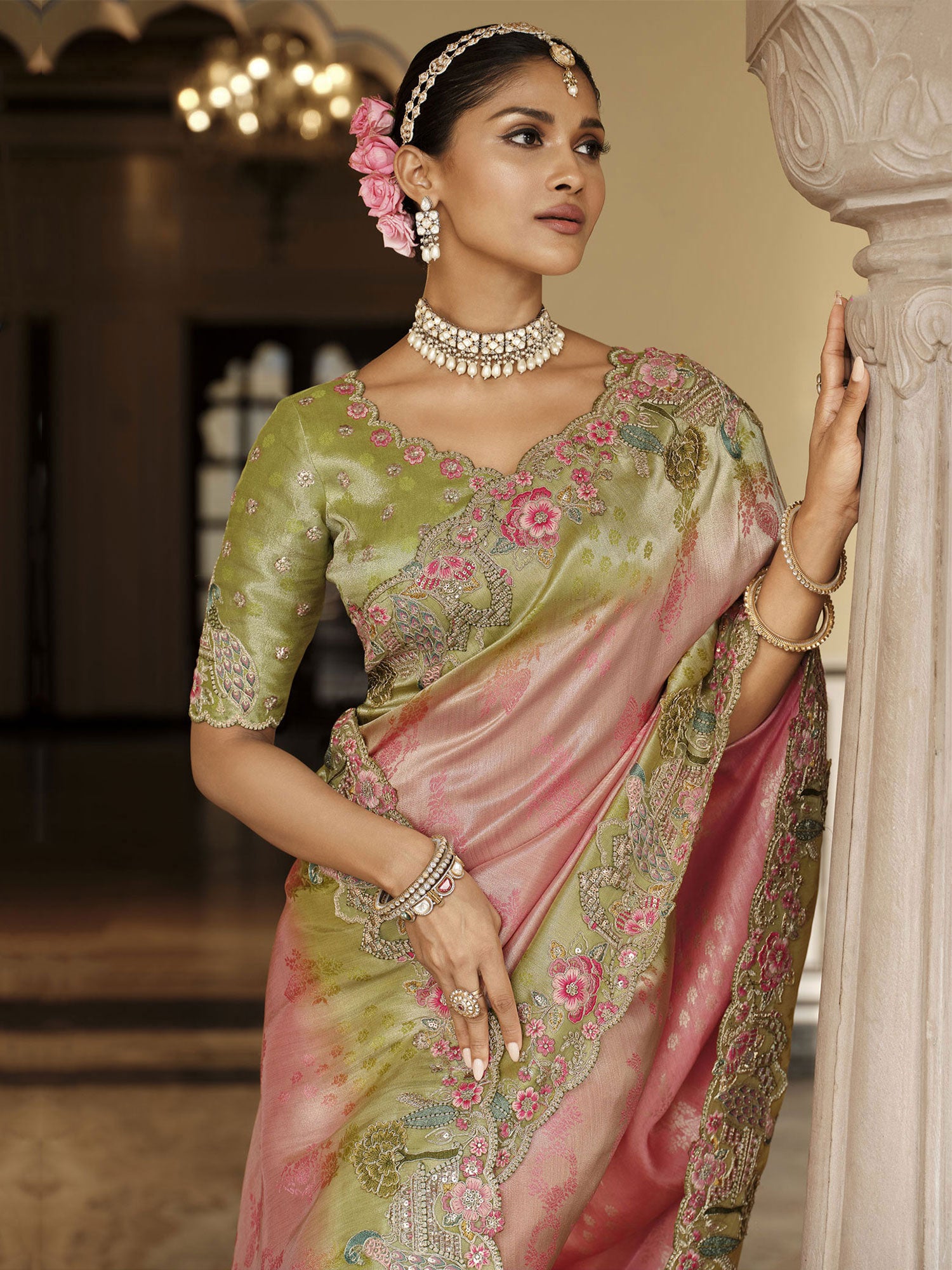 Pink And Green Ombre Shaded Bridal Saree
