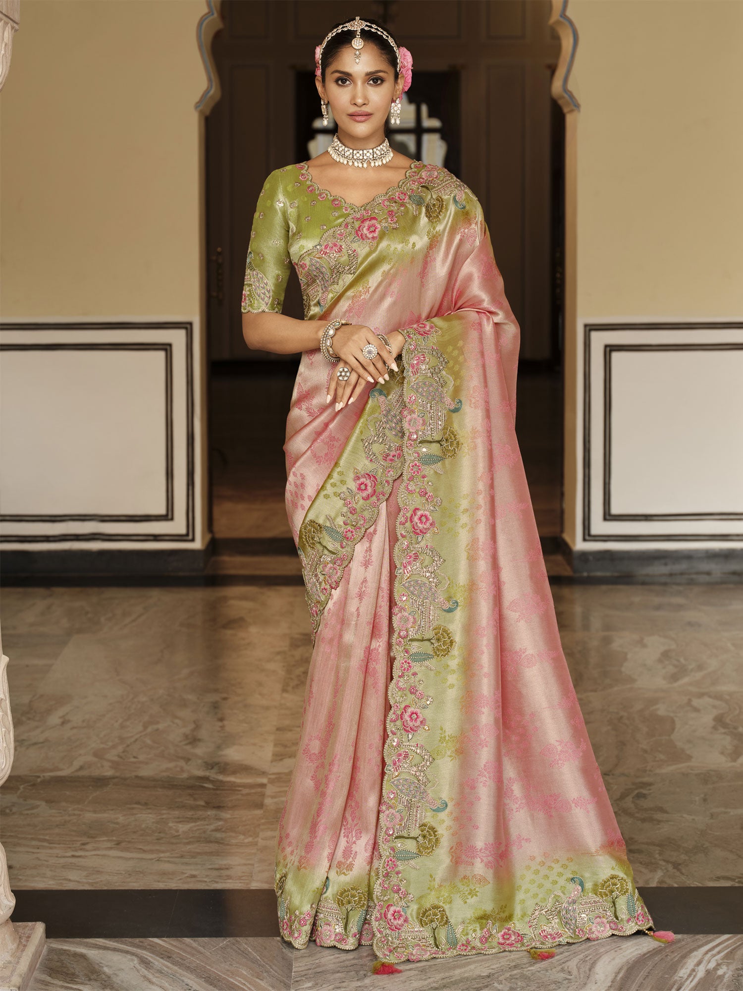 Pink And Green Ombre Shaded Bridal Saree