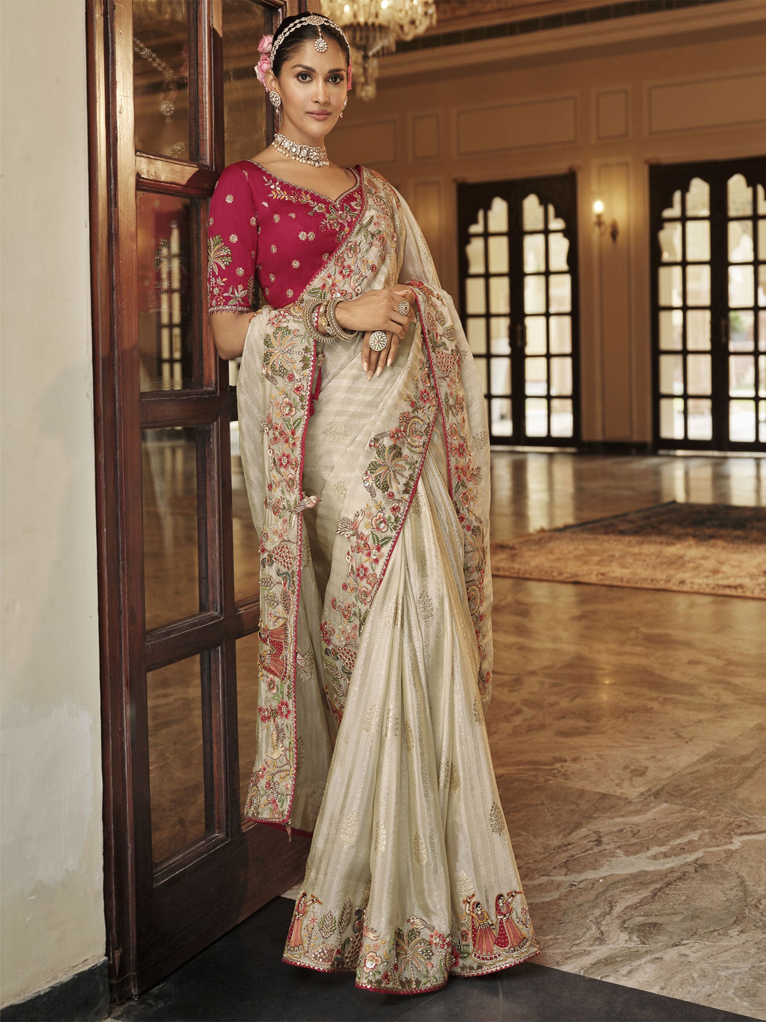 Grey Floral Thread Embroidered Wedding Saree