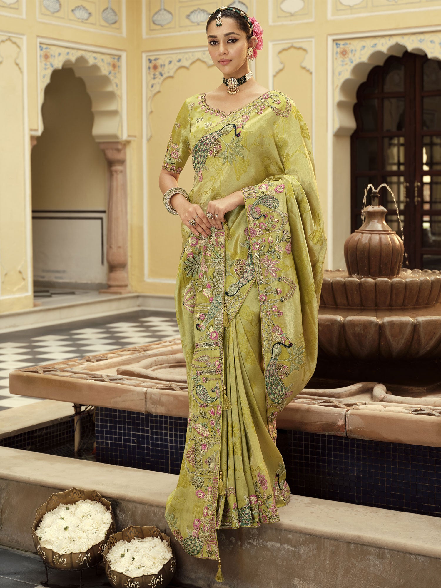 Green Traditional Silk Saree With Heavy Borders
