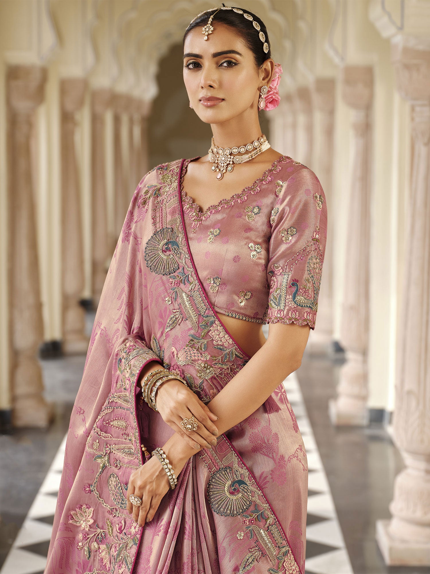 Pink Bridesmaid Saree In Silk With Heavy Borders