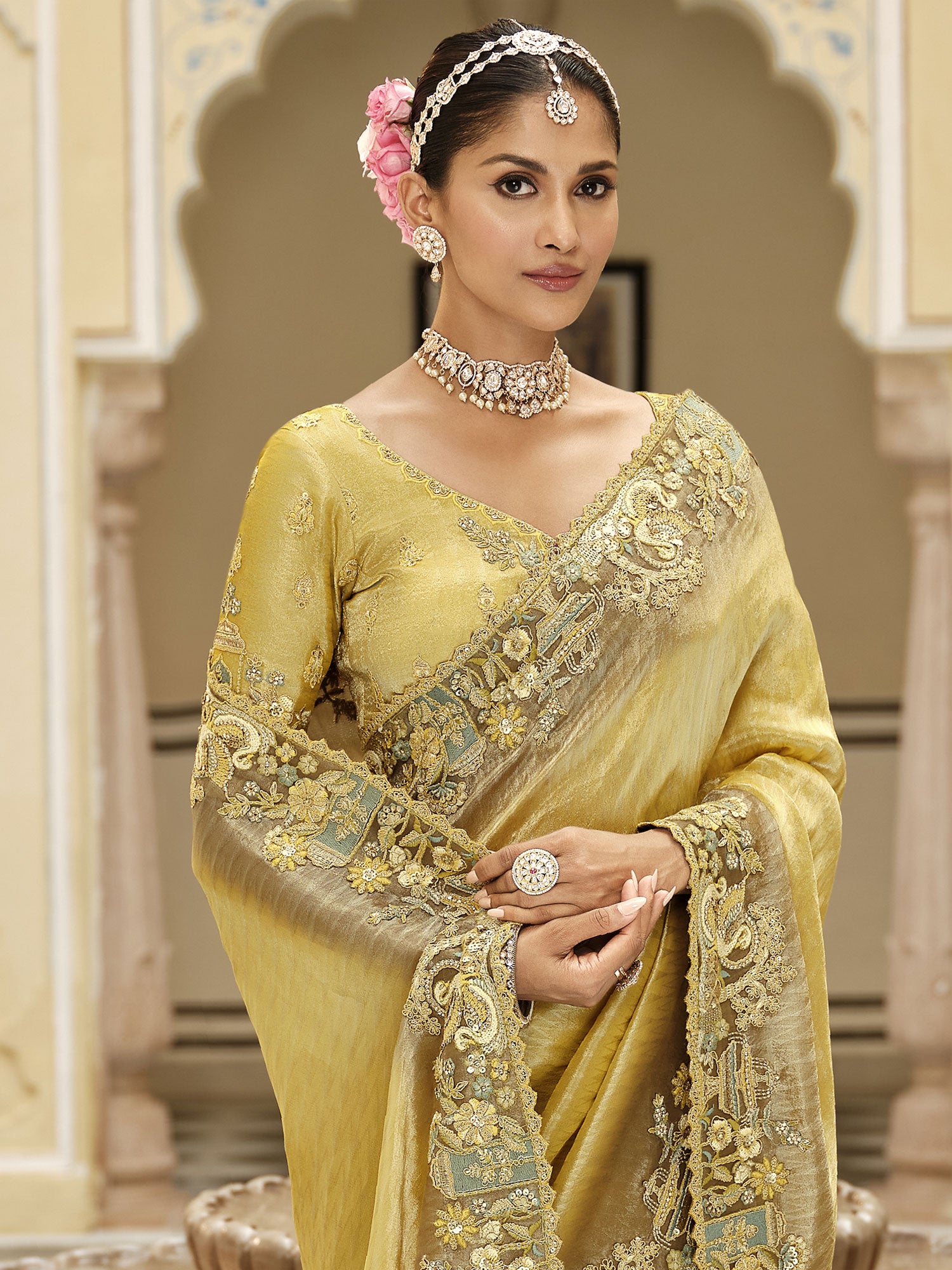 Yellow Traditional Wear Bridal Saree With Blouse