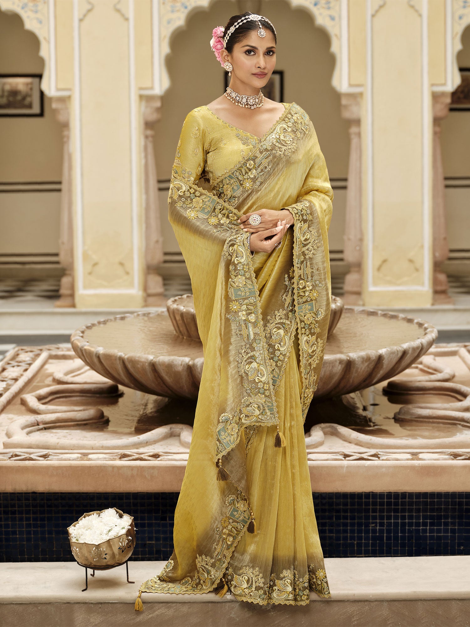Yellow Traditional Wear Bridal Saree With Blouse