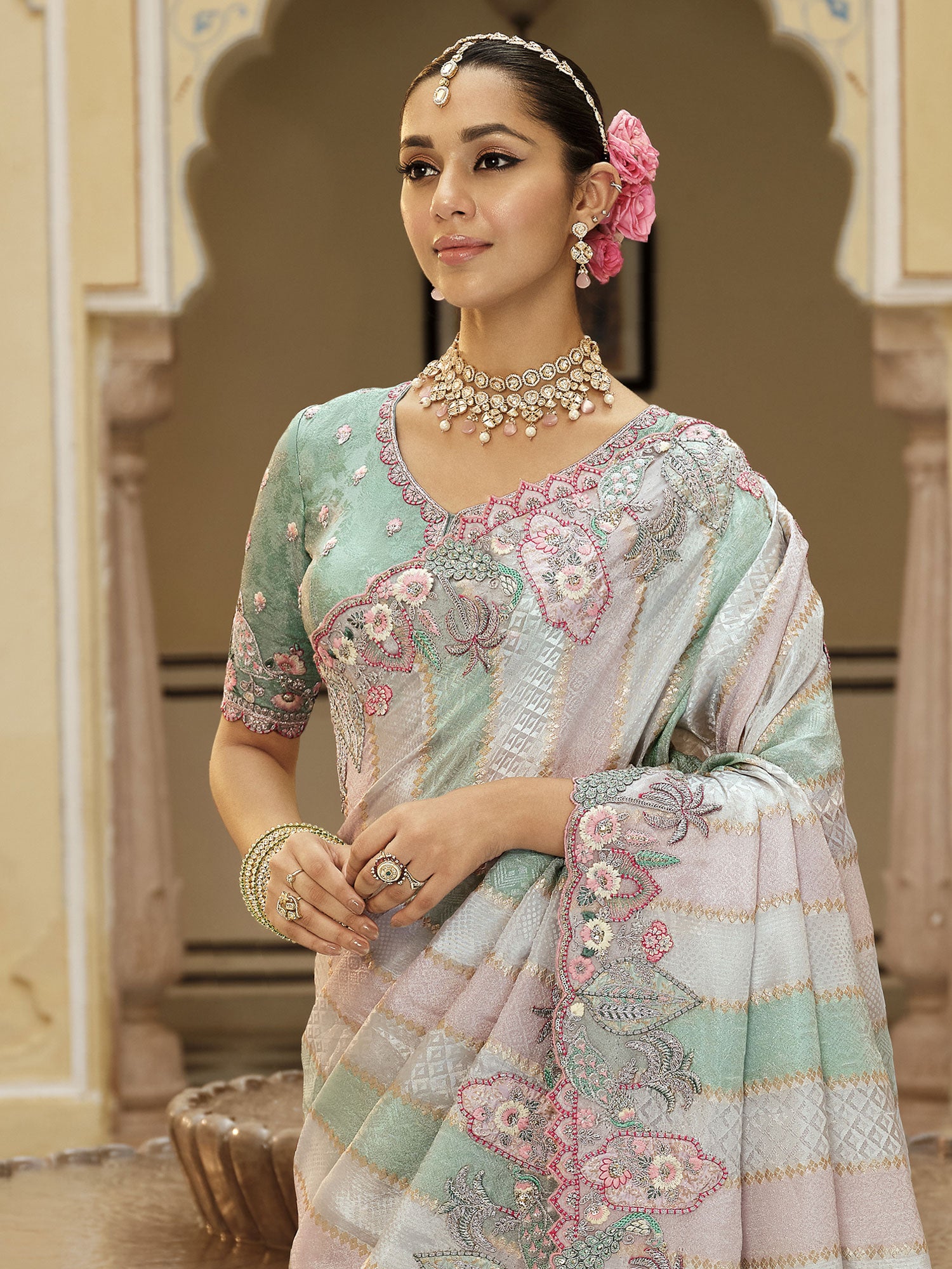 Multicolor Bridesmaid Saree In Floral Embellishments