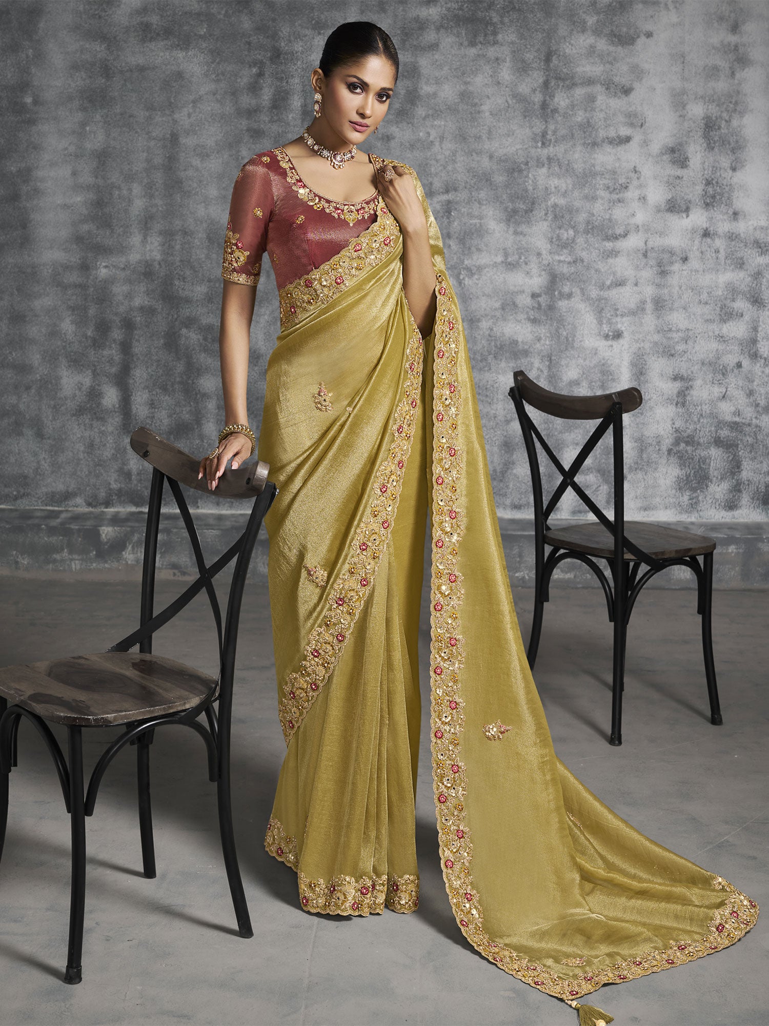 Green Floral Thread Enhanced Wedding Saree