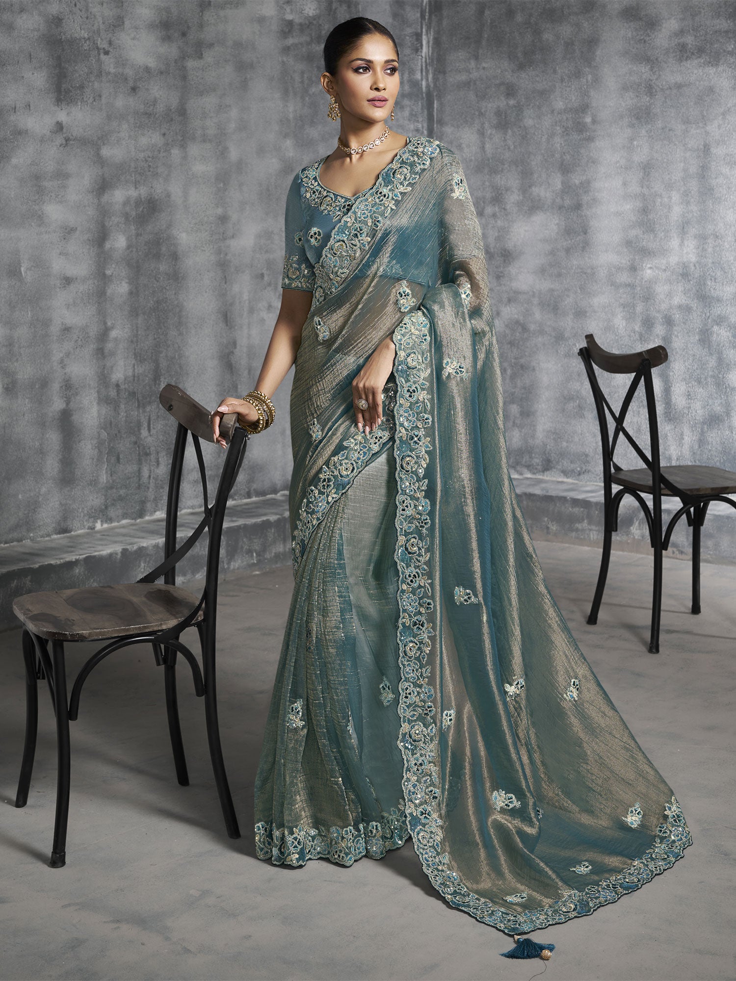 Blue Bridesmaid Silk Saree In Mirror Embellishment