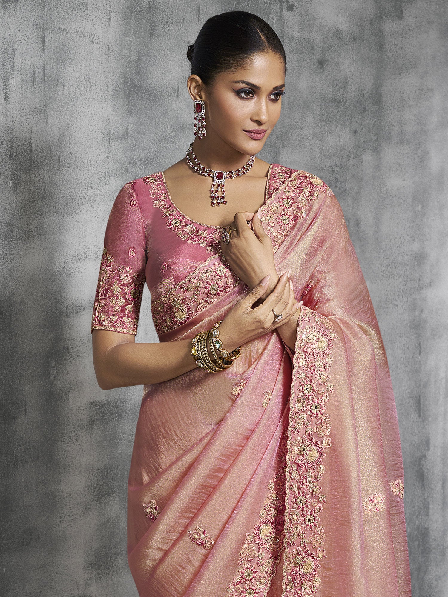 Peach Pink Floral Embroidered Wedding Saree