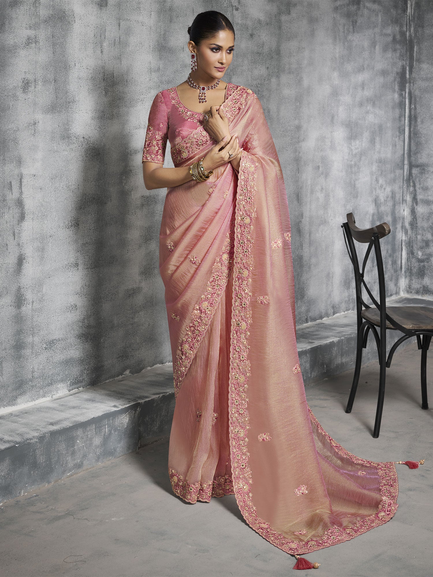Peach Pink Floral Embroidered Wedding Saree