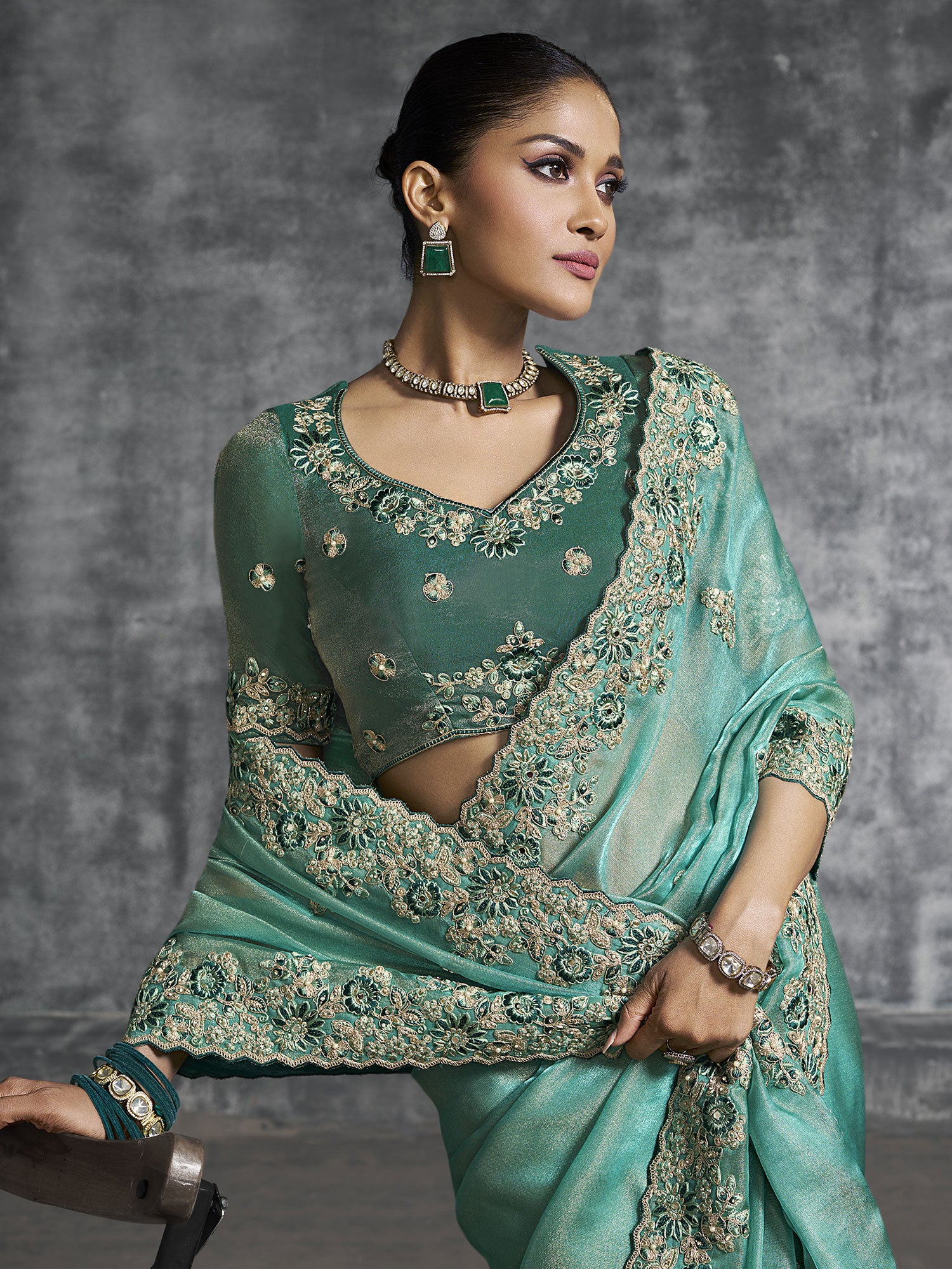 Turquoise Bridesmaid Saree With Floral Thread Borders