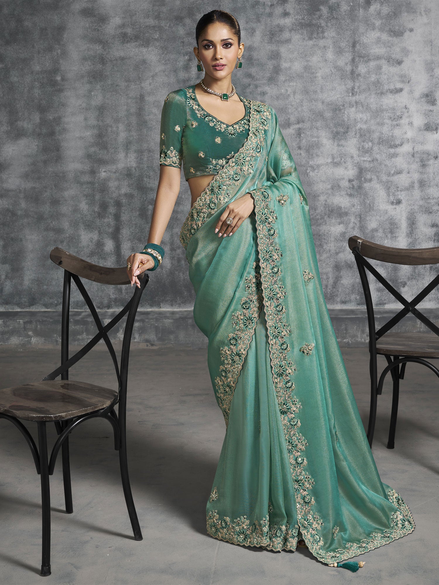 Turquoise Bridesmaid Saree With Floral Thread Borders