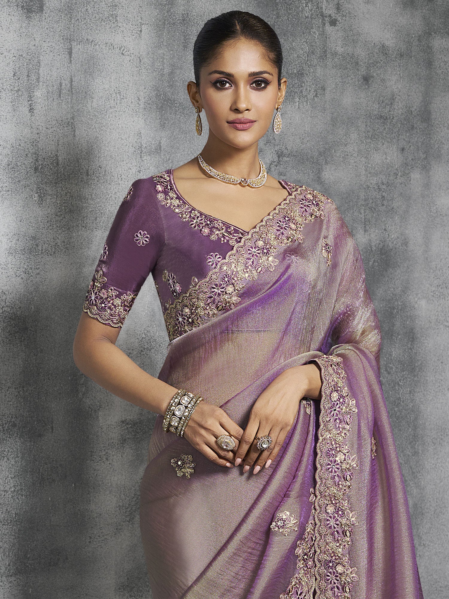 Purple Mirror Work Augmented Saree In Tissue Silk
