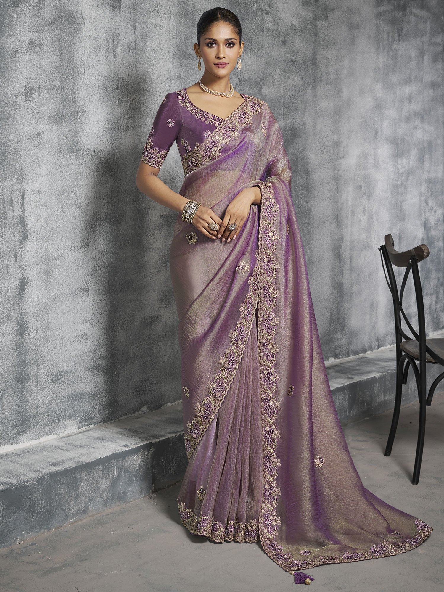 Purple Mirror Work Augmented Saree In Tissue Silk