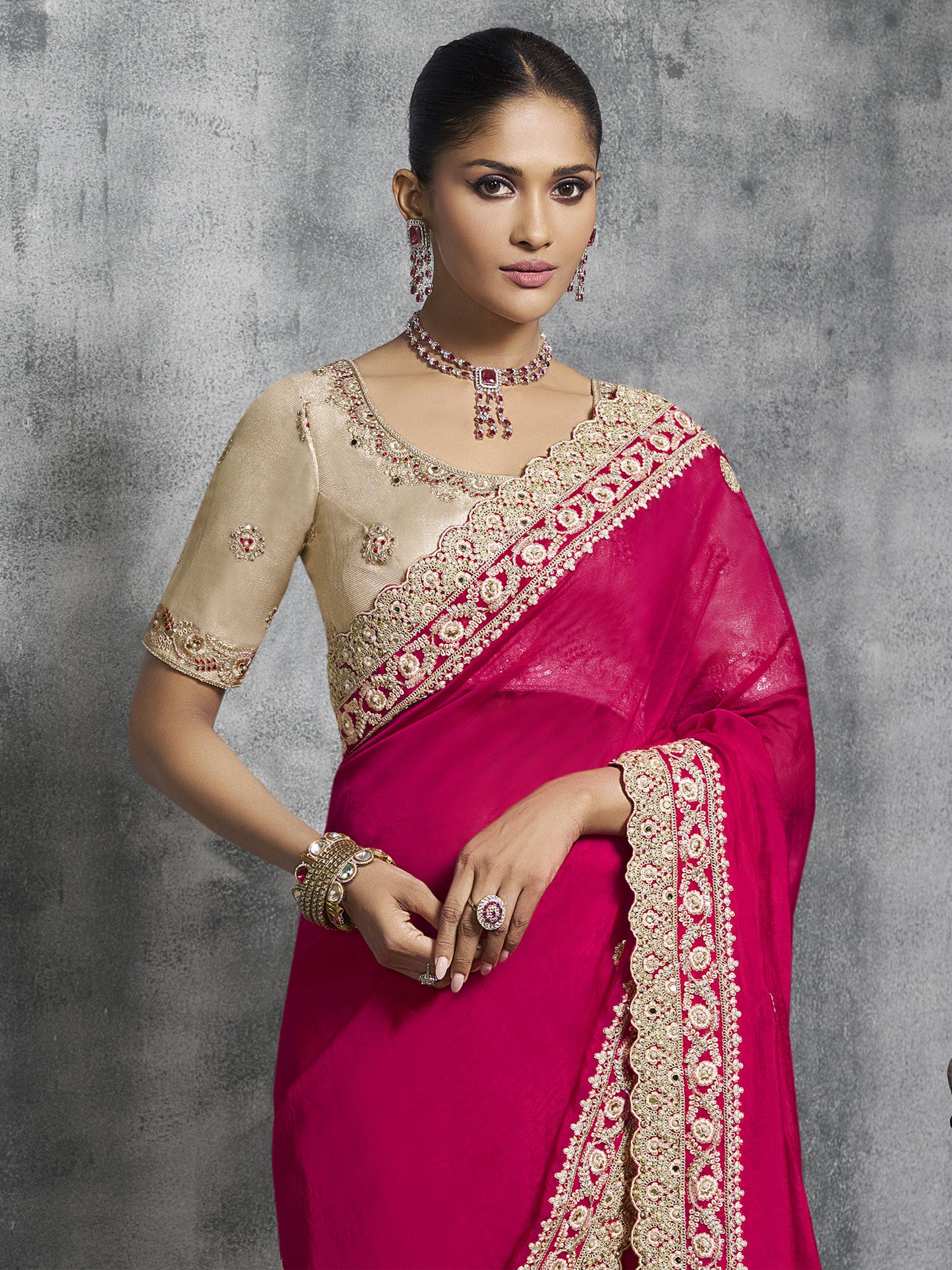 Pink Hand Work Embellished Party Saree In Satin