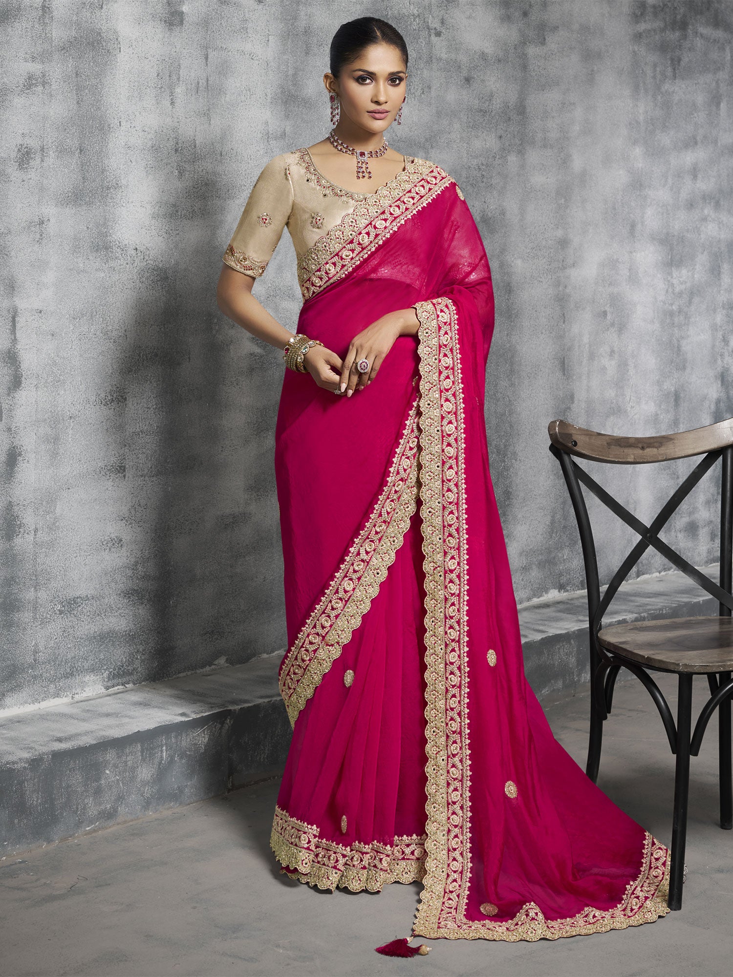 Pink Hand Work Embellished Party Saree In Satin