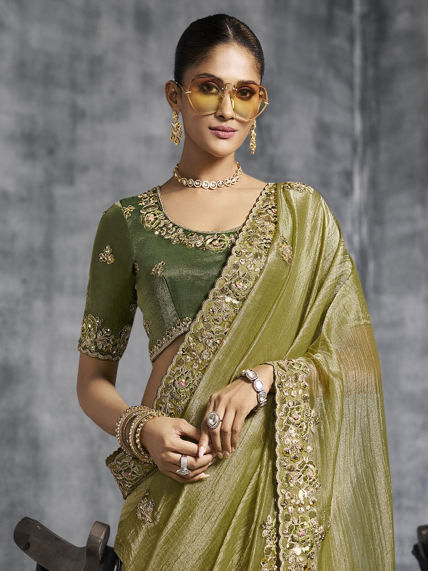 Olive Green Zari Embellished Bridesmaid Saree