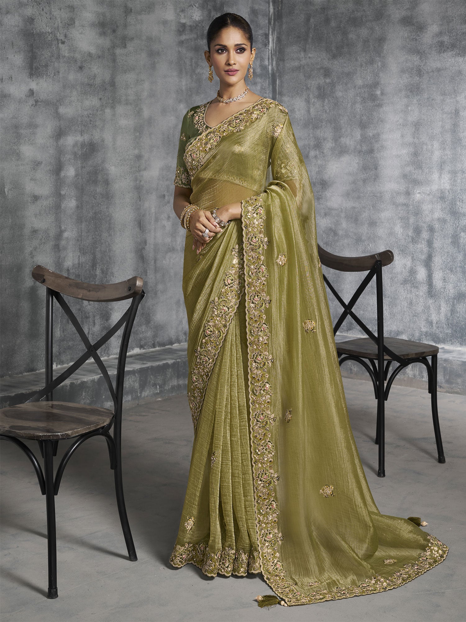 Olive Green Zari Embellished Bridesmaid Saree