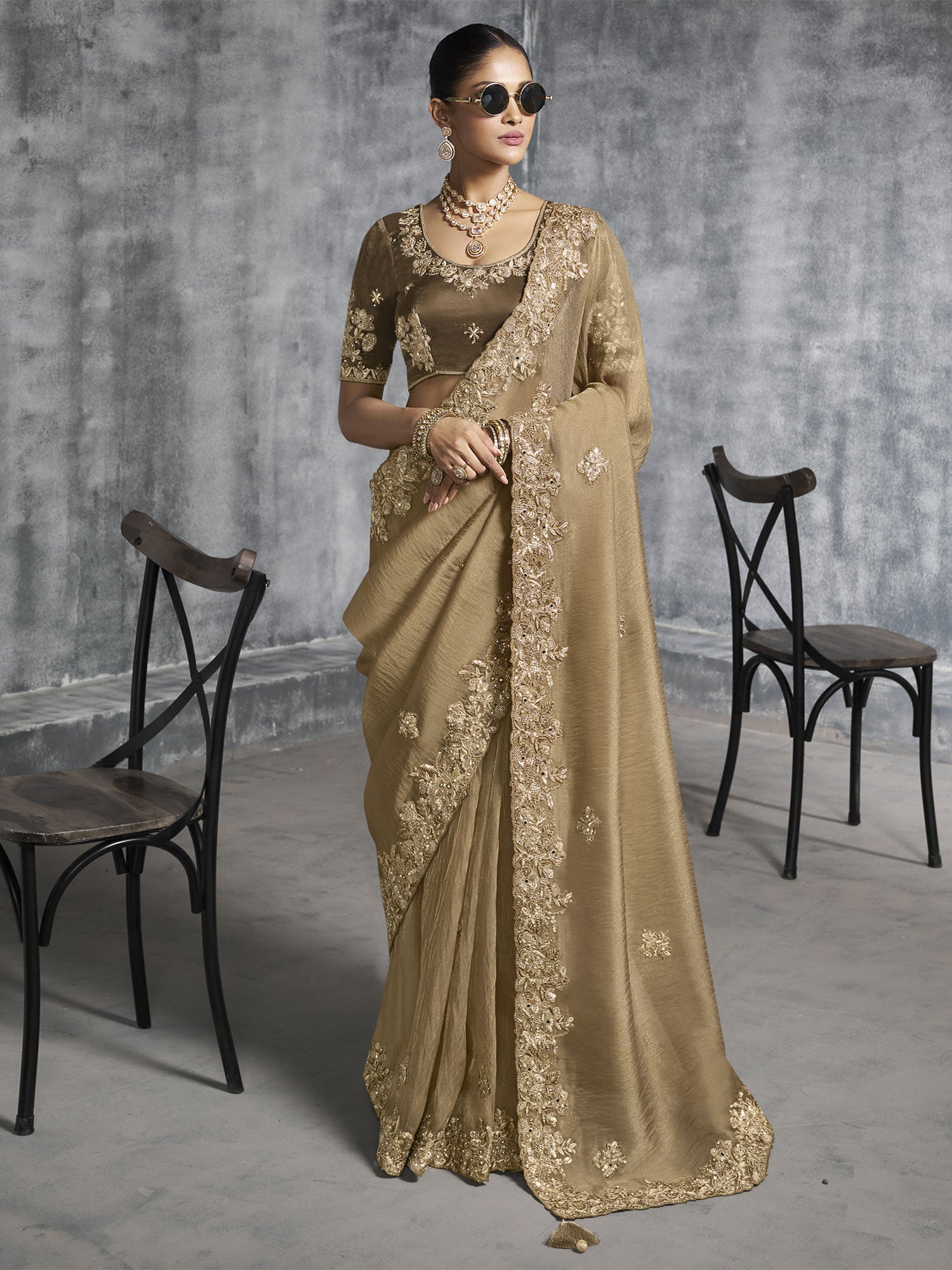 Brown Mirror Work Embellished Bridesmaid Saree
