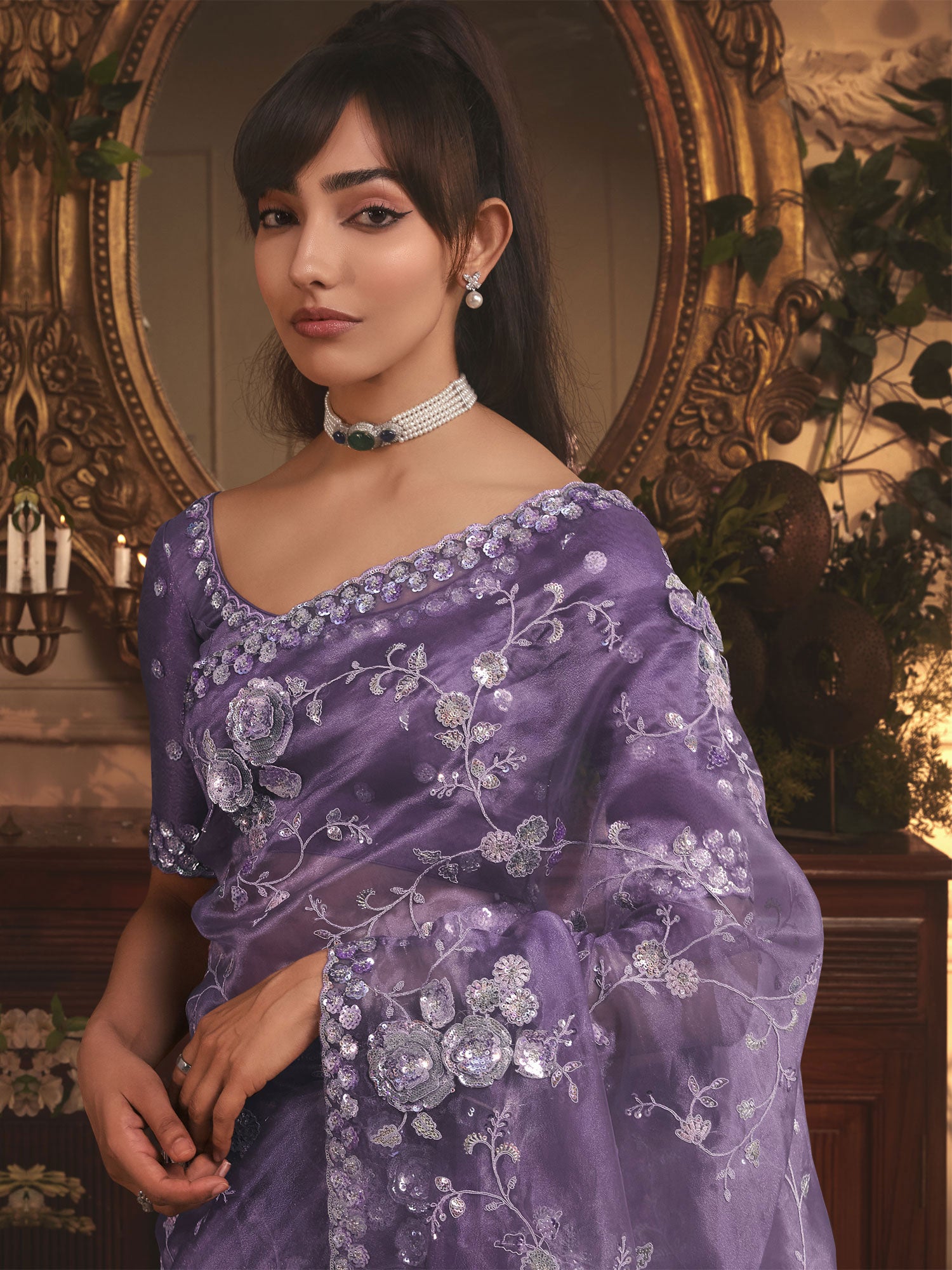 Lilac Sequins Work Bridesmaid Organza Saree