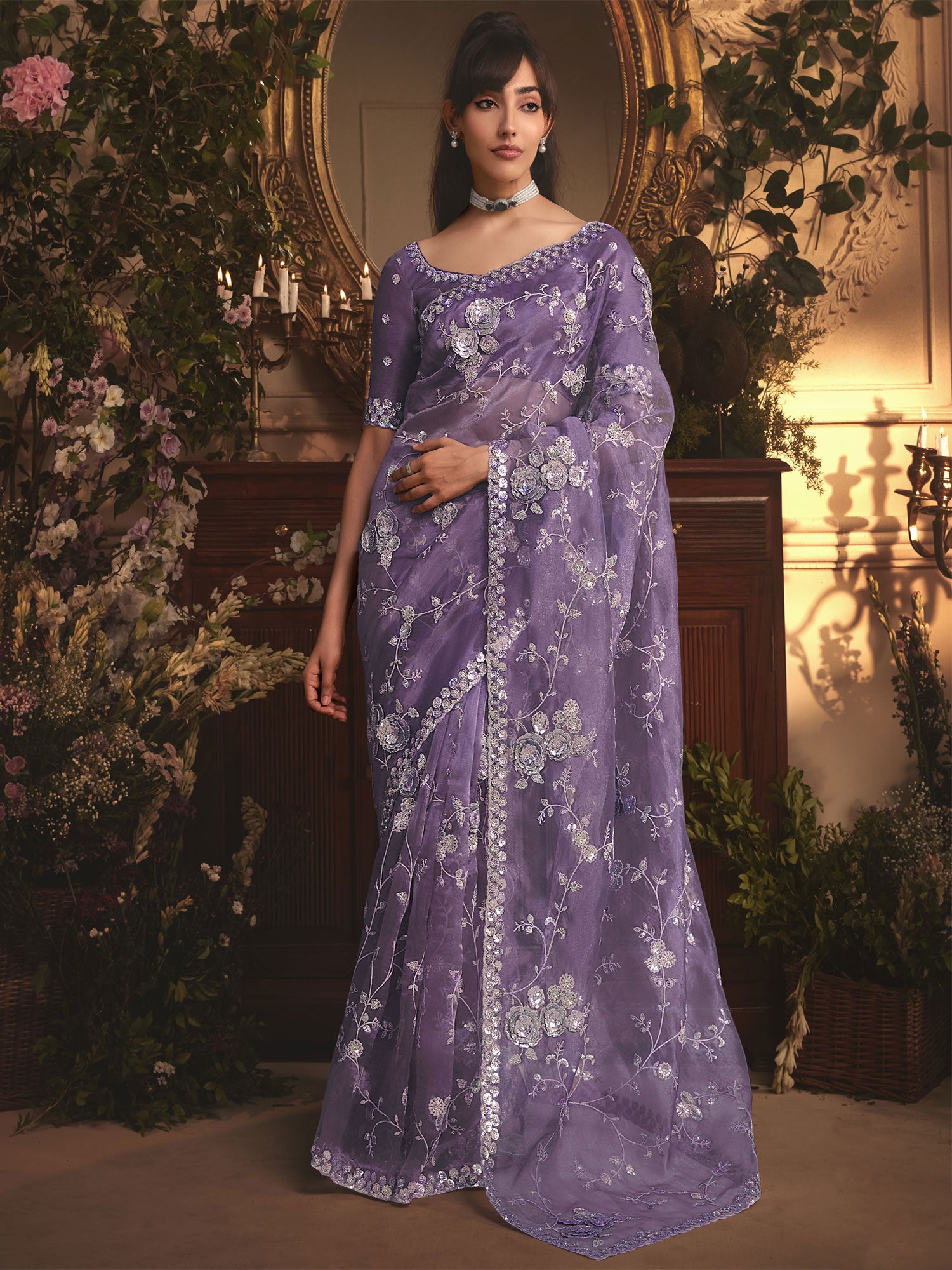 Lilac Sequins Work Bridesmaid Organza Saree