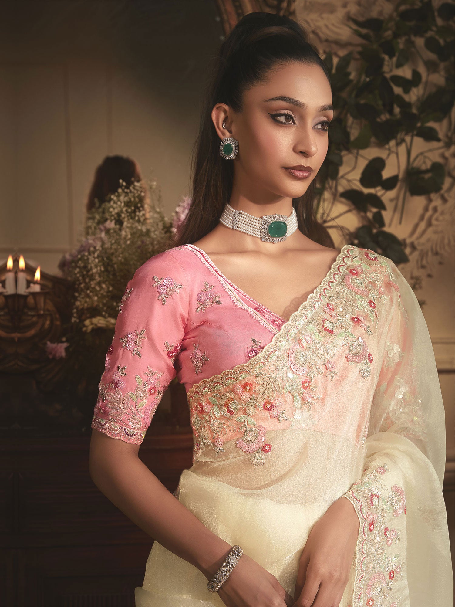 Light Cream Sequins Augmented Saree In Organza