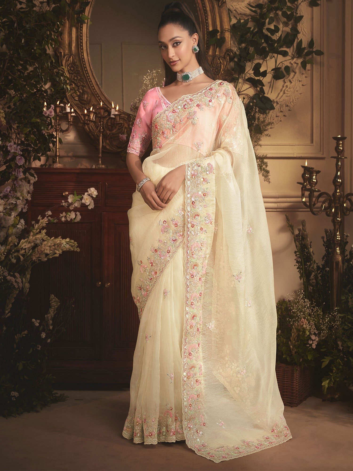 Light Cream Sequins Augmented Saree In Organza