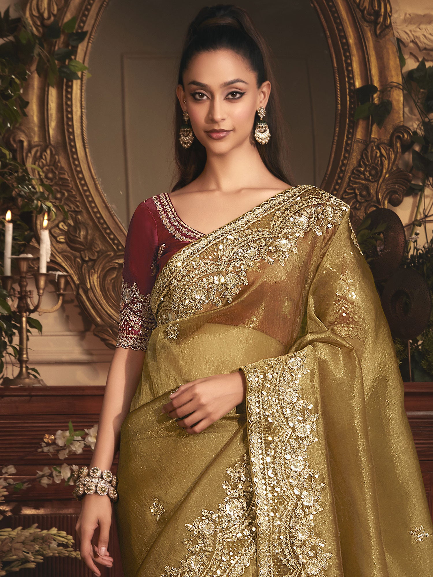 Green Wedding Saree With Floral Embroidered Borders