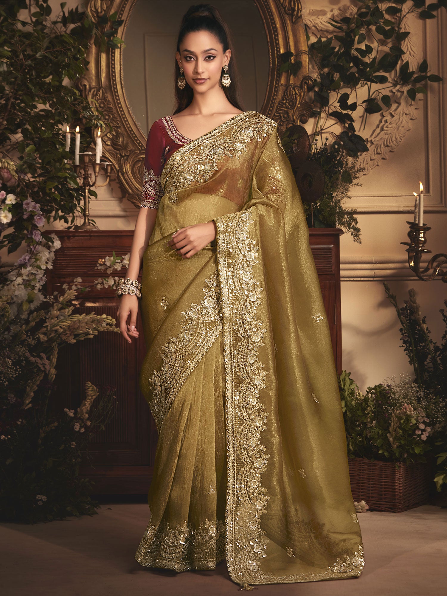 Green Wedding Saree With Floral Embroidered Borders