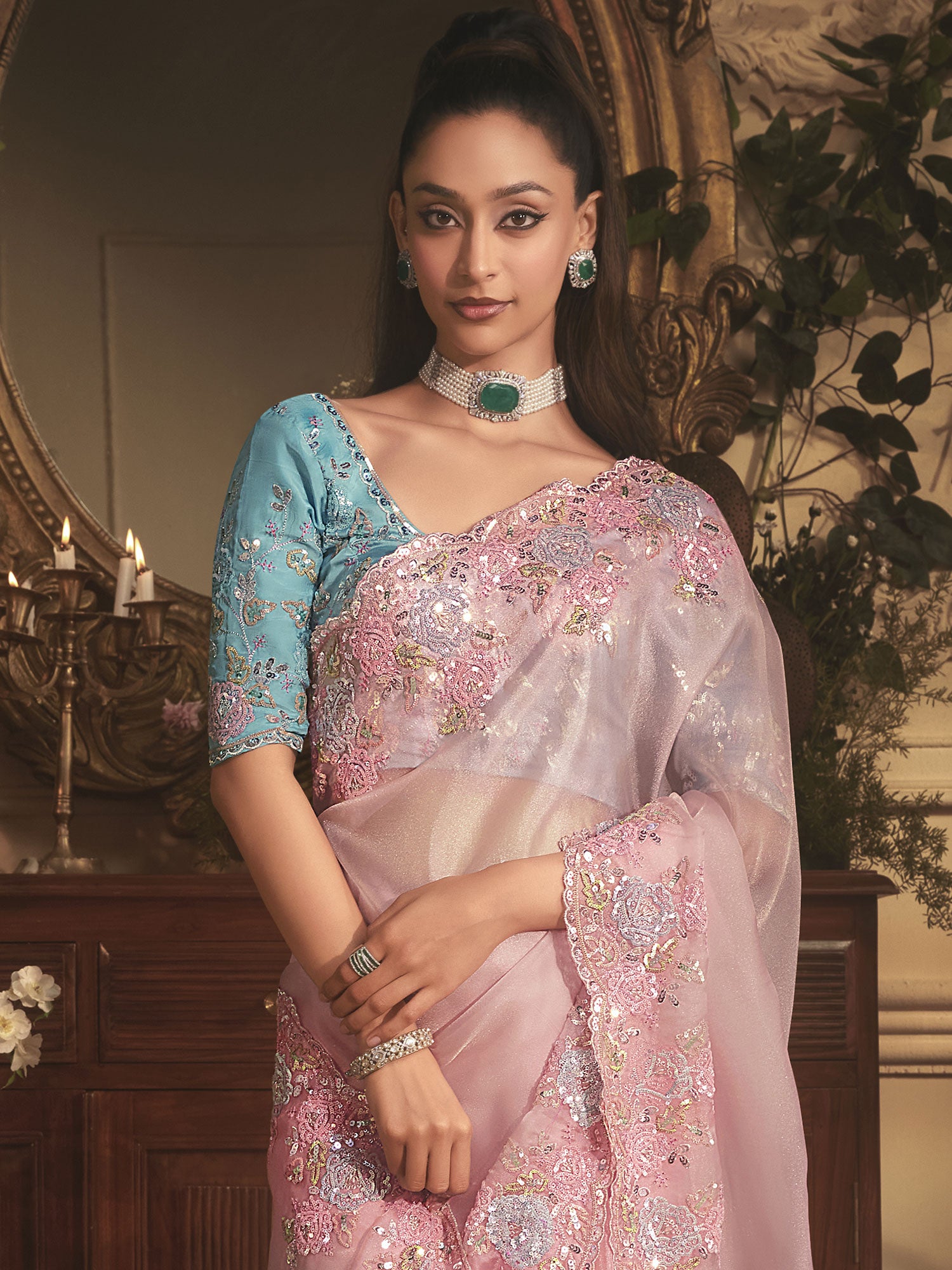 Baby Pink Bridesmaid Silk Saree In Sequins Work