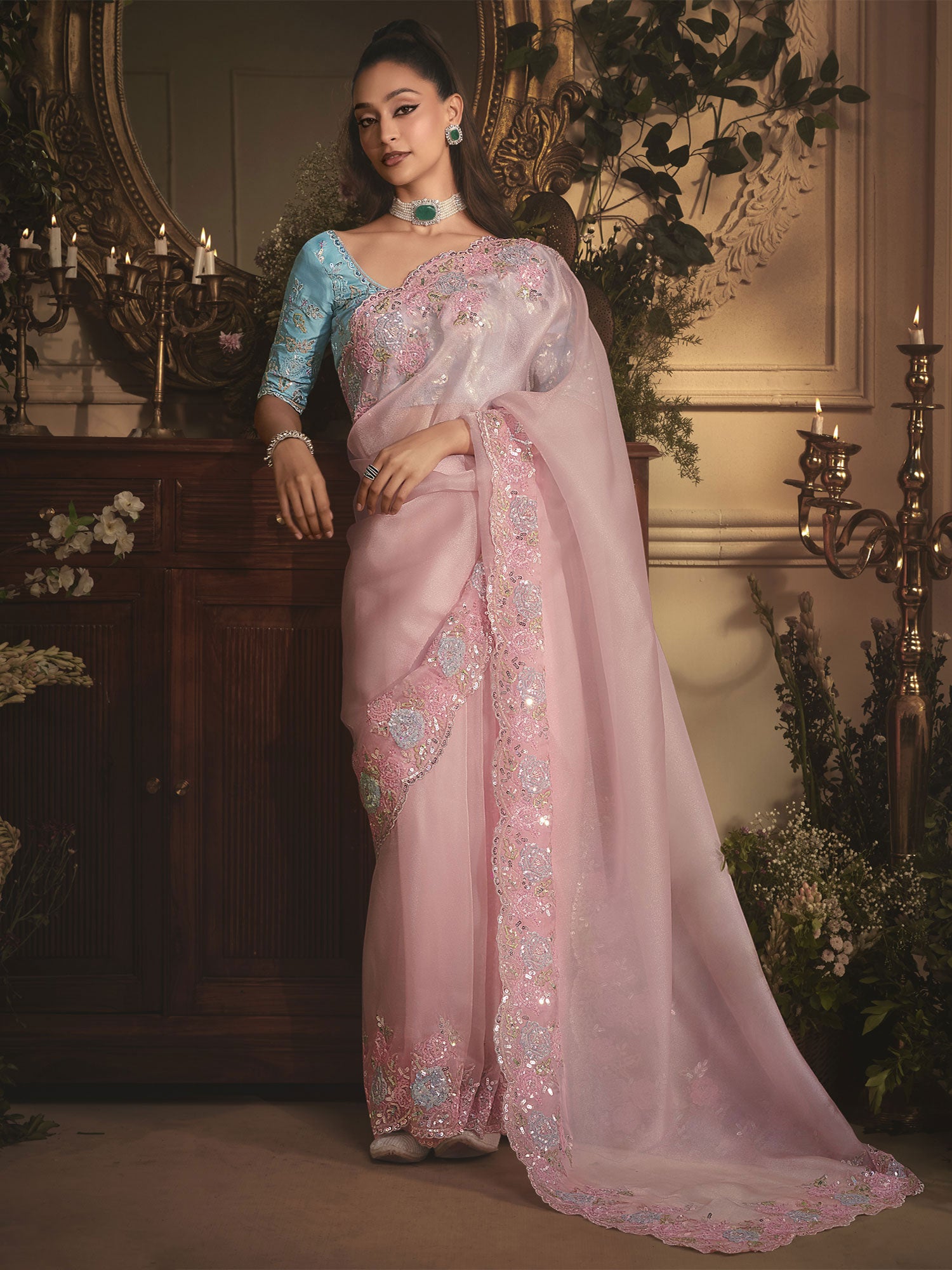 Baby Pink Bridesmaid Silk Saree In Sequins Work