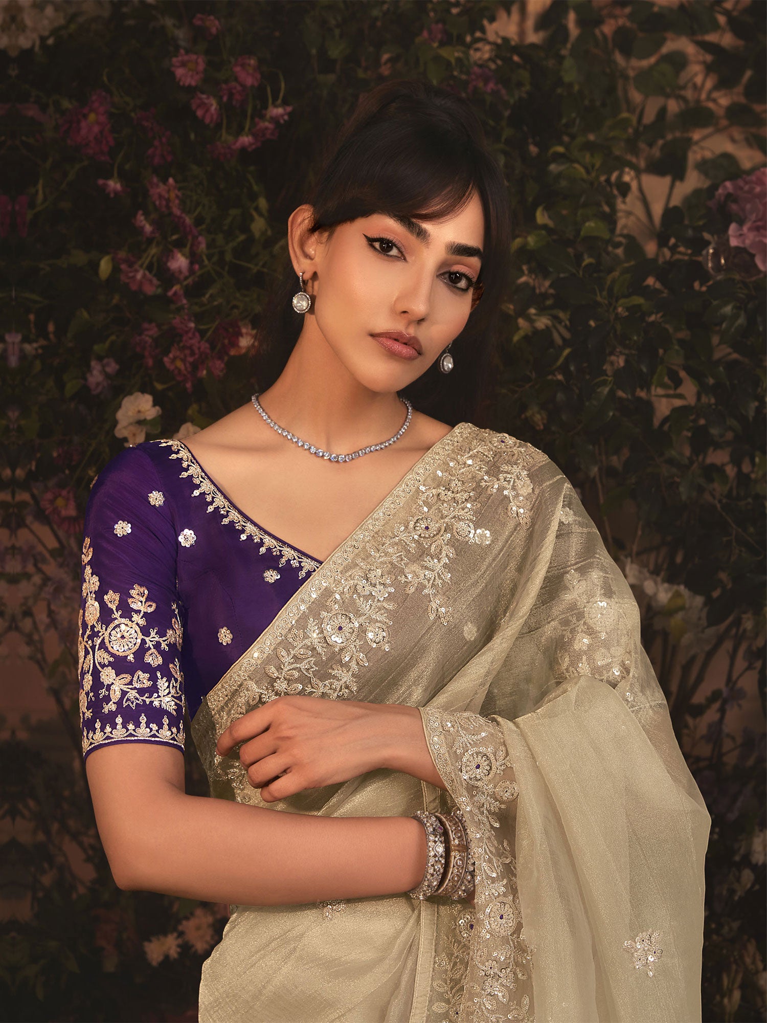 Beige Tissue Silk Saree With Heavy Floral Borders
