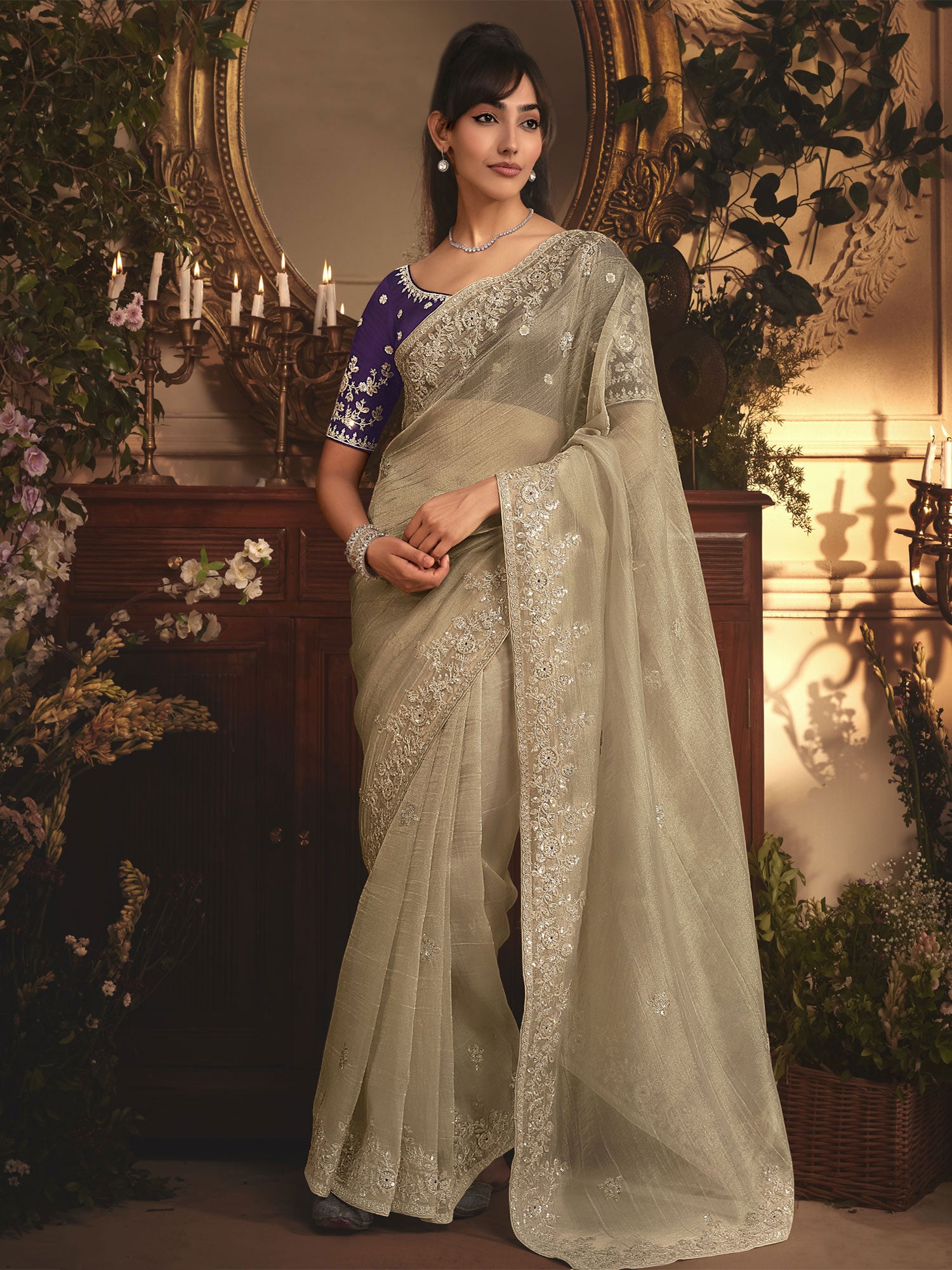 Beige Tissue Silk Saree With Heavy Floral Borders