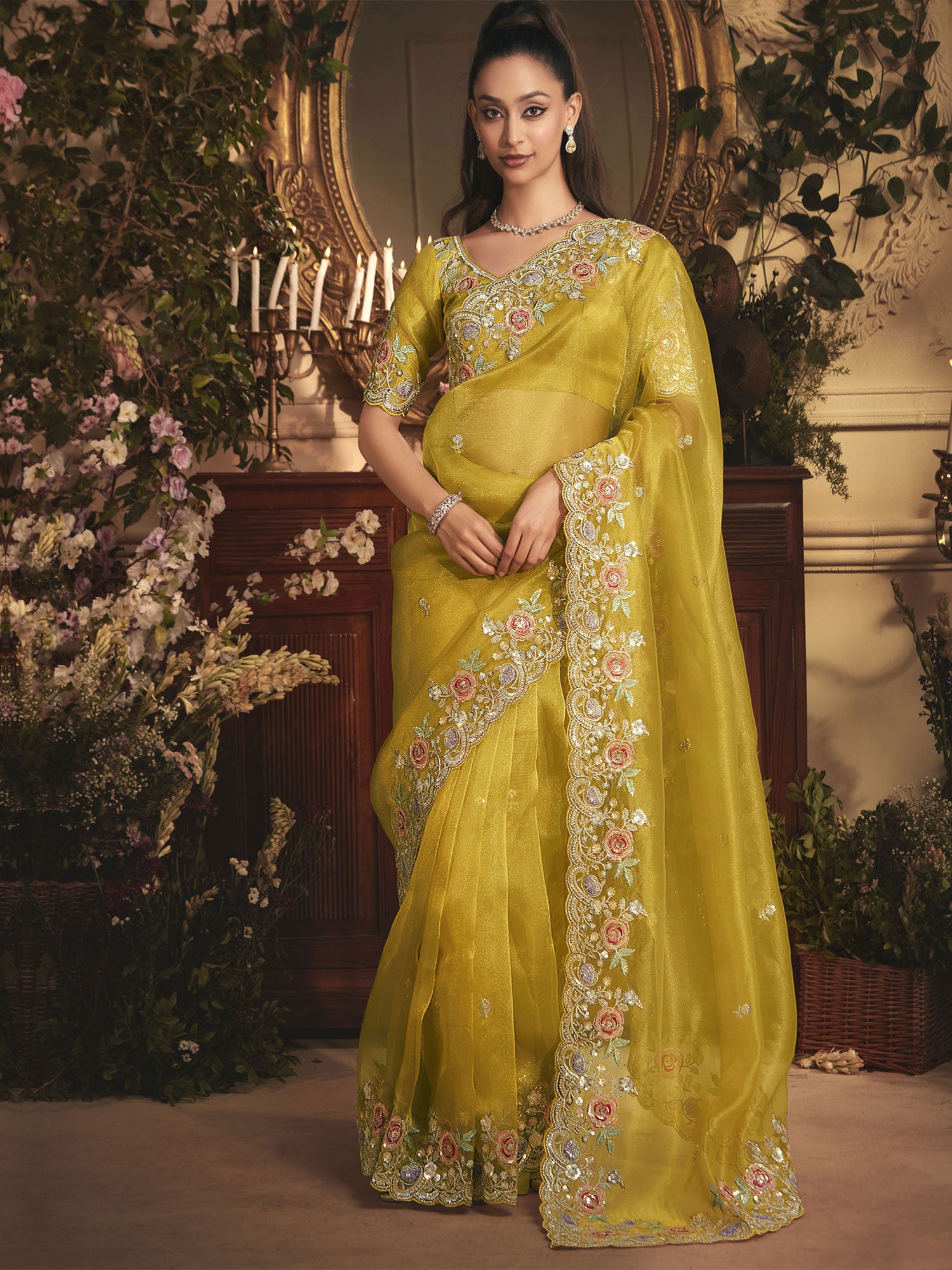 Yellow Floral Embroidered Wedding Saree With Blouse