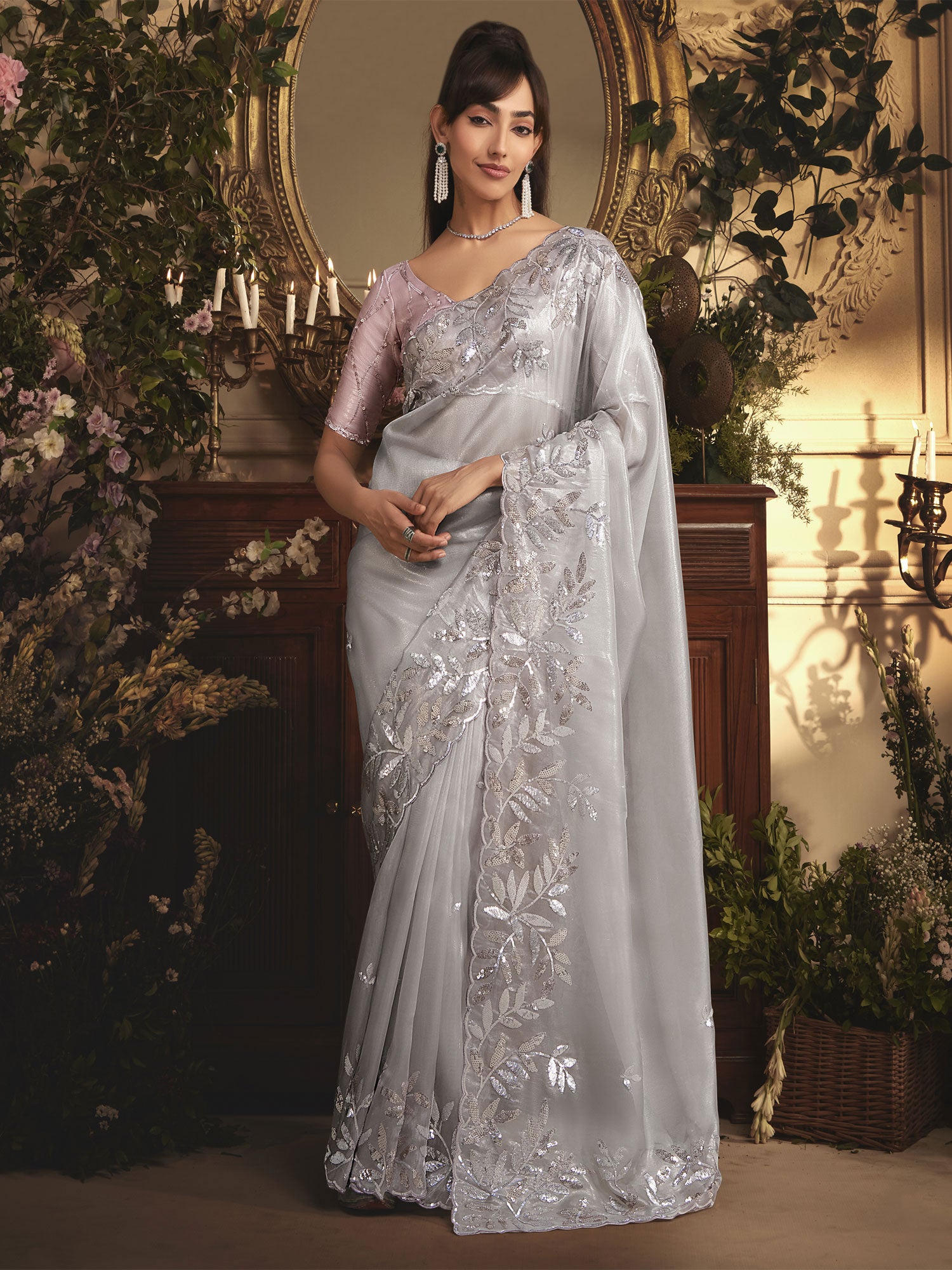 Silver Party Wear Organza Saree With Floral Work