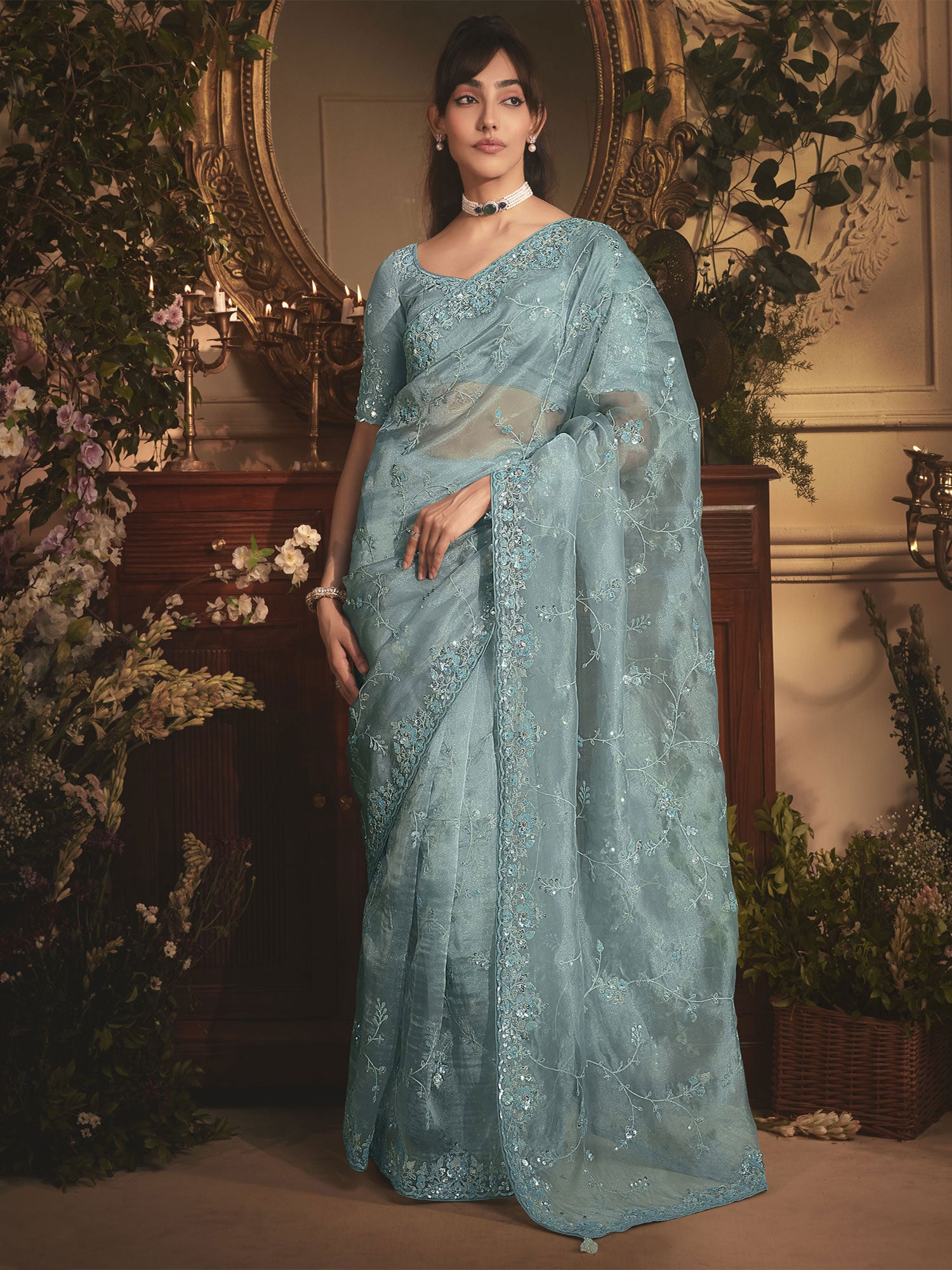 Sky Blue Silk Saree In Sequins Work Embroidery