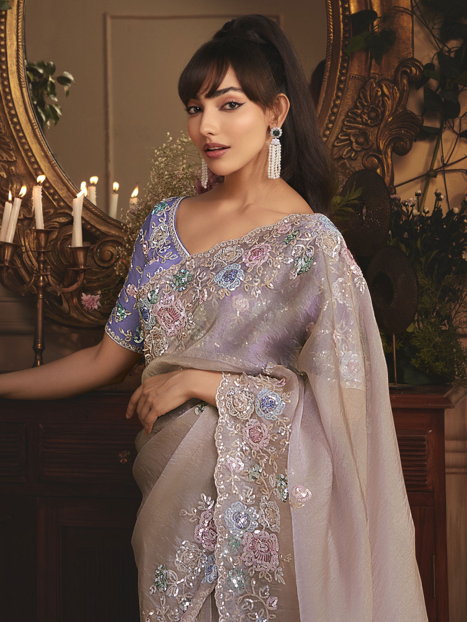 Pastel Purple Embroidered Saree With Blouse In Silk
