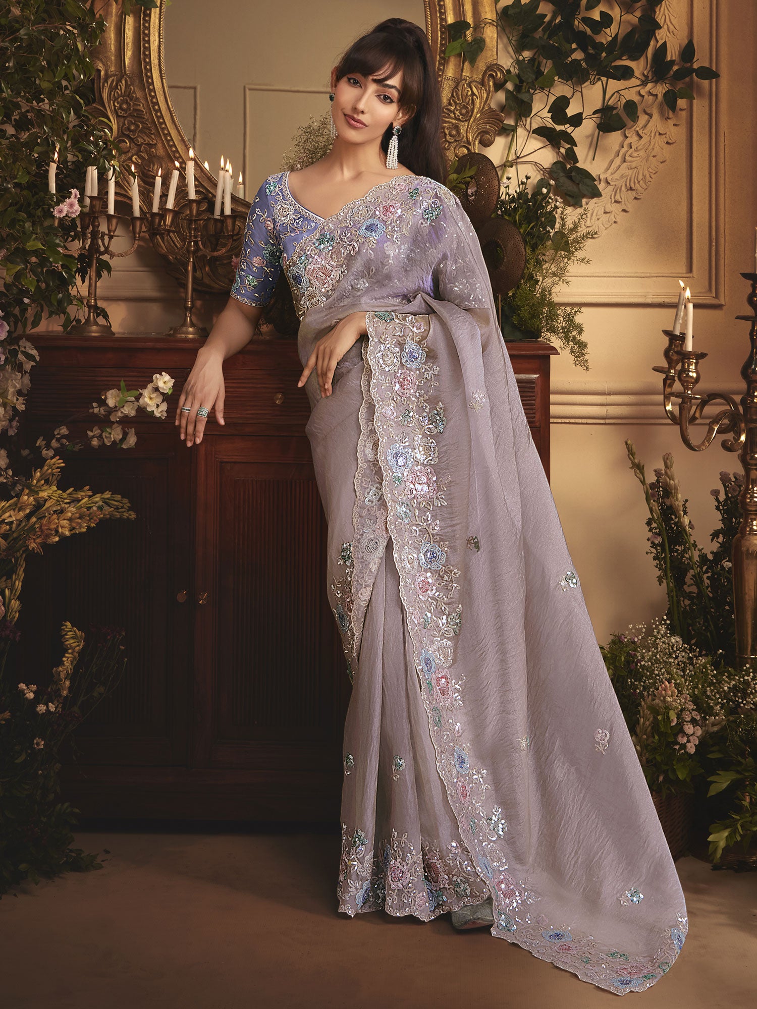 Pastel Purple Embroidered Saree With Blouse In Silk