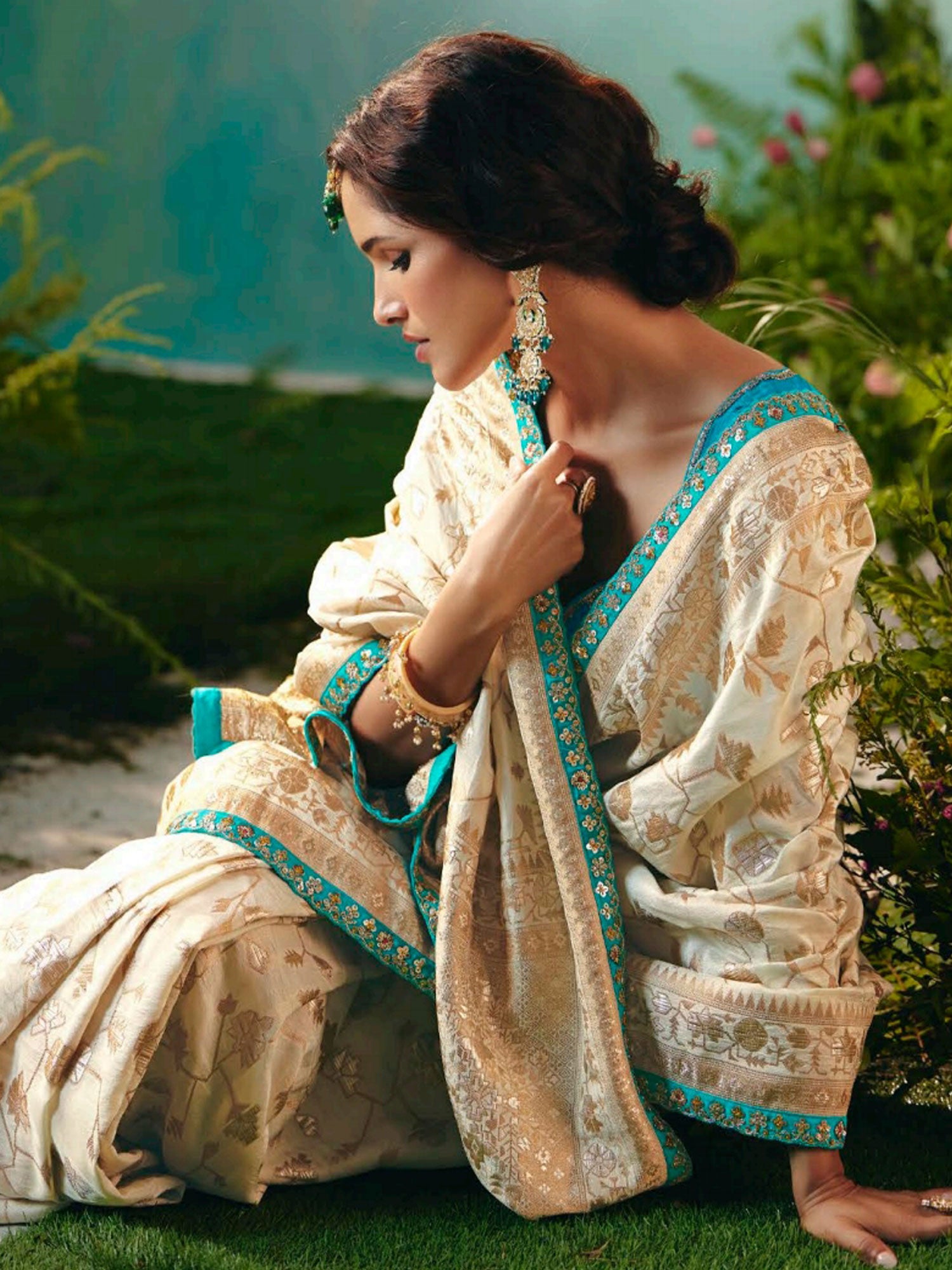 Beige Zari Woven Saree With Embroidered Blouse