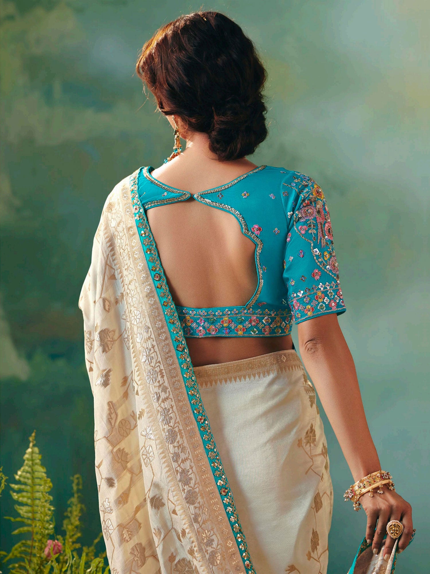 Beige Zari Woven Saree With Embroidered Blouse