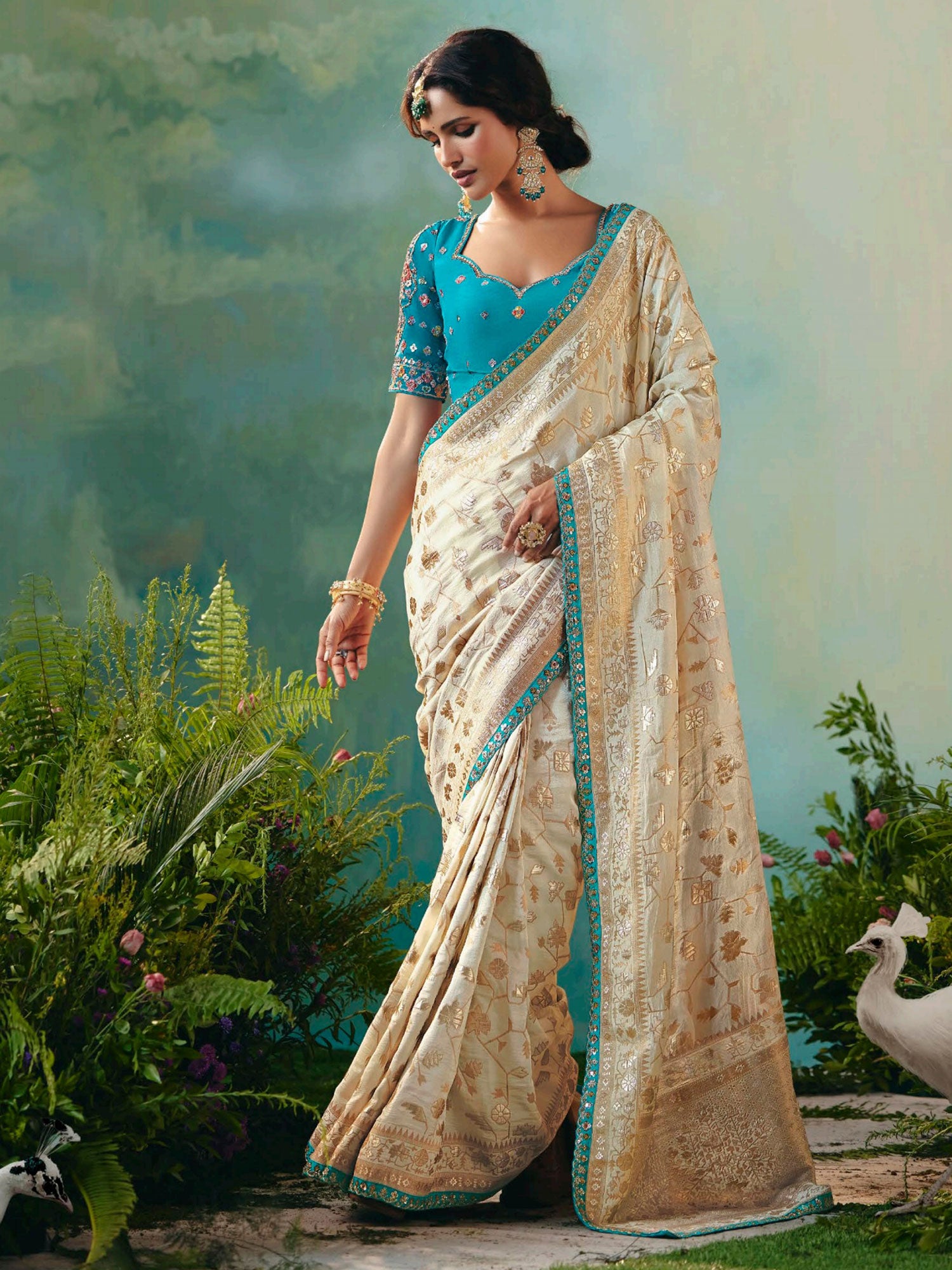 Beige Zari Woven Saree With Embroidered Blouse