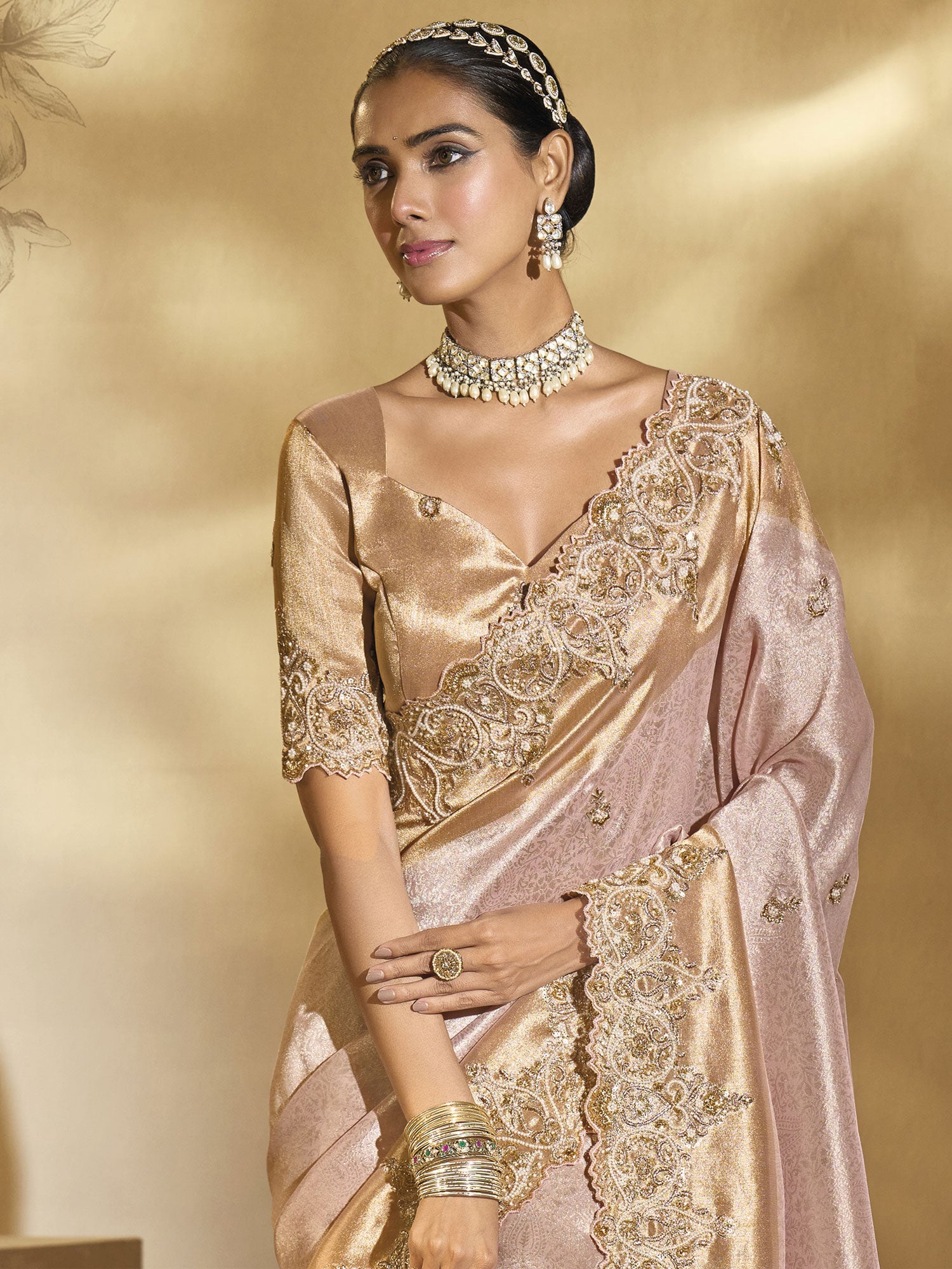 Blush Pink Wedding Saree In Hand Work Embellishments