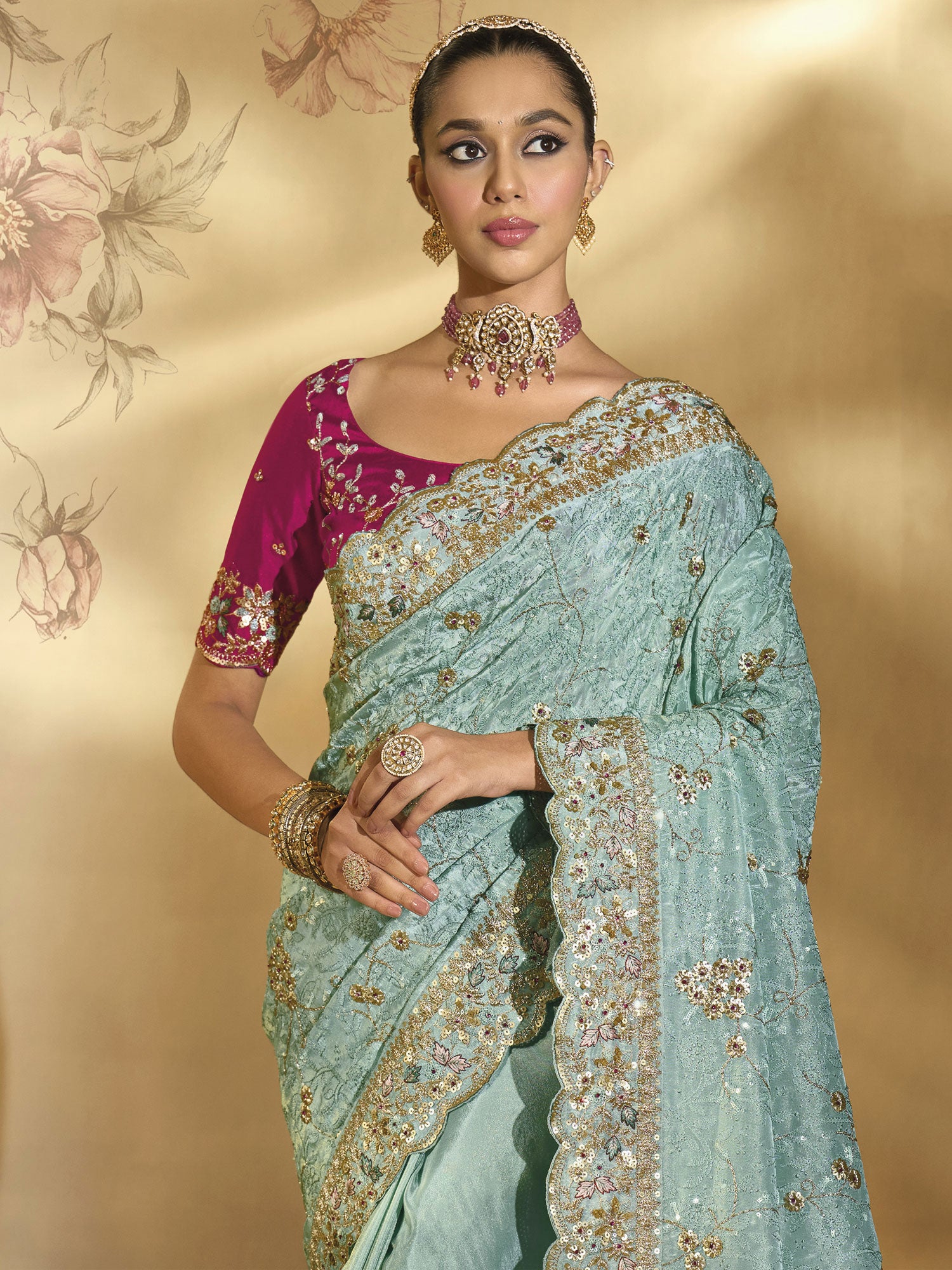 Ocean Blue Sequins Embroidered Saree In Banarasi Silk