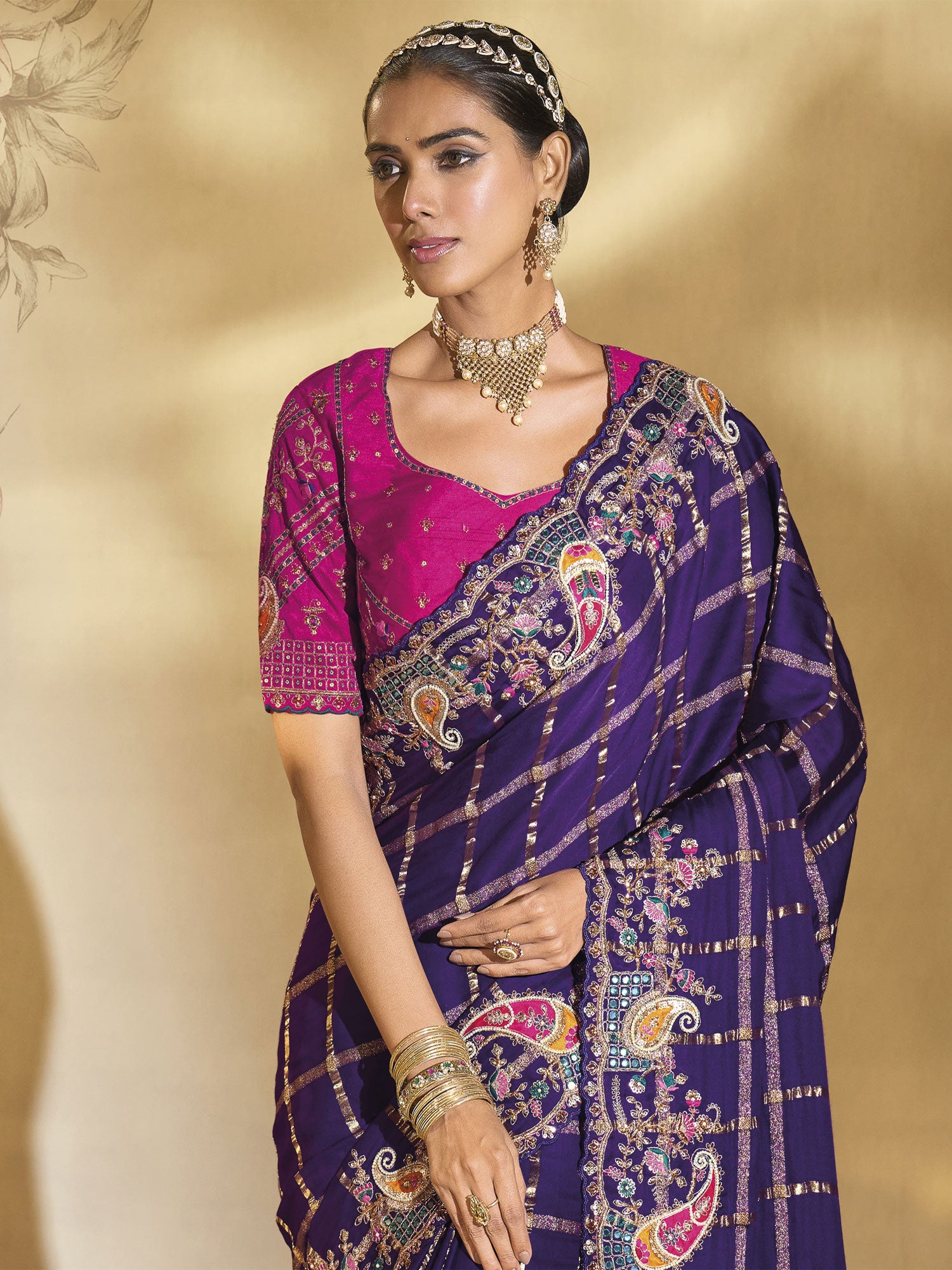 Purple Heavy Embroidered Wedding Saree In Silk