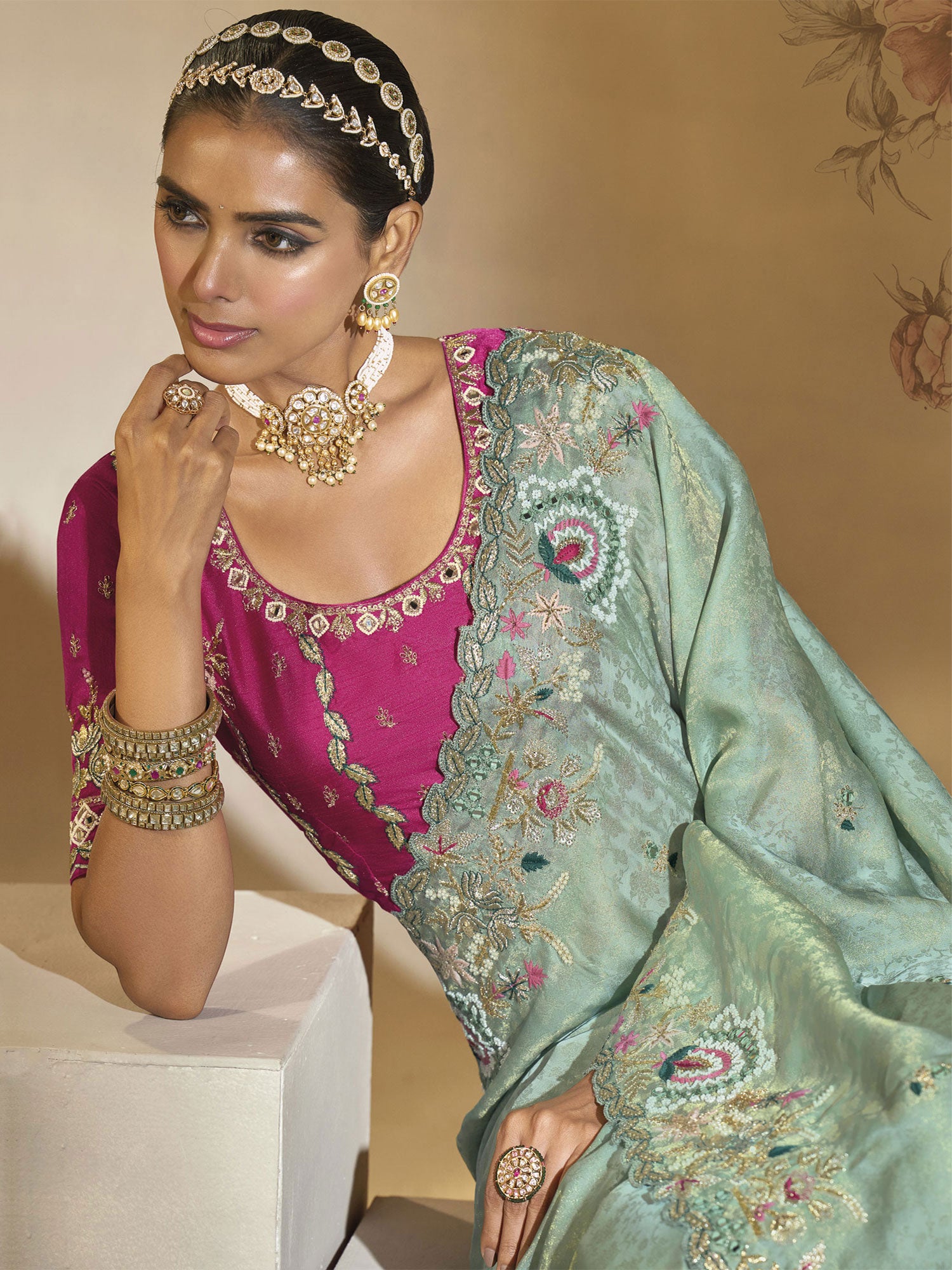 Mint Green Floral Embellished Bridesmaid Saree In Silk